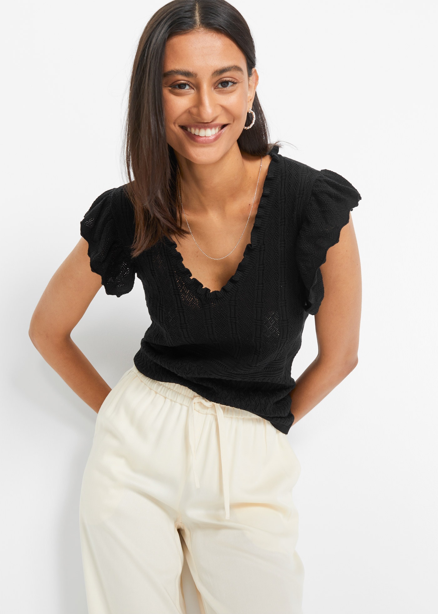 bonprix Strickpullover Ajour-Strick mit hohem Viskoseanteil, ärmellos mit V günstig online kaufen