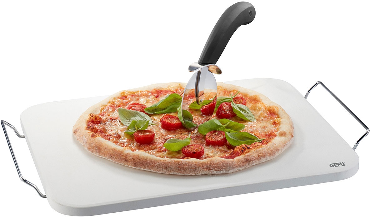 GEFU Pizzastein-Set: Pizzastein DARIOSO mit Gestell + Pizzaschneider + Pizza-Schieber