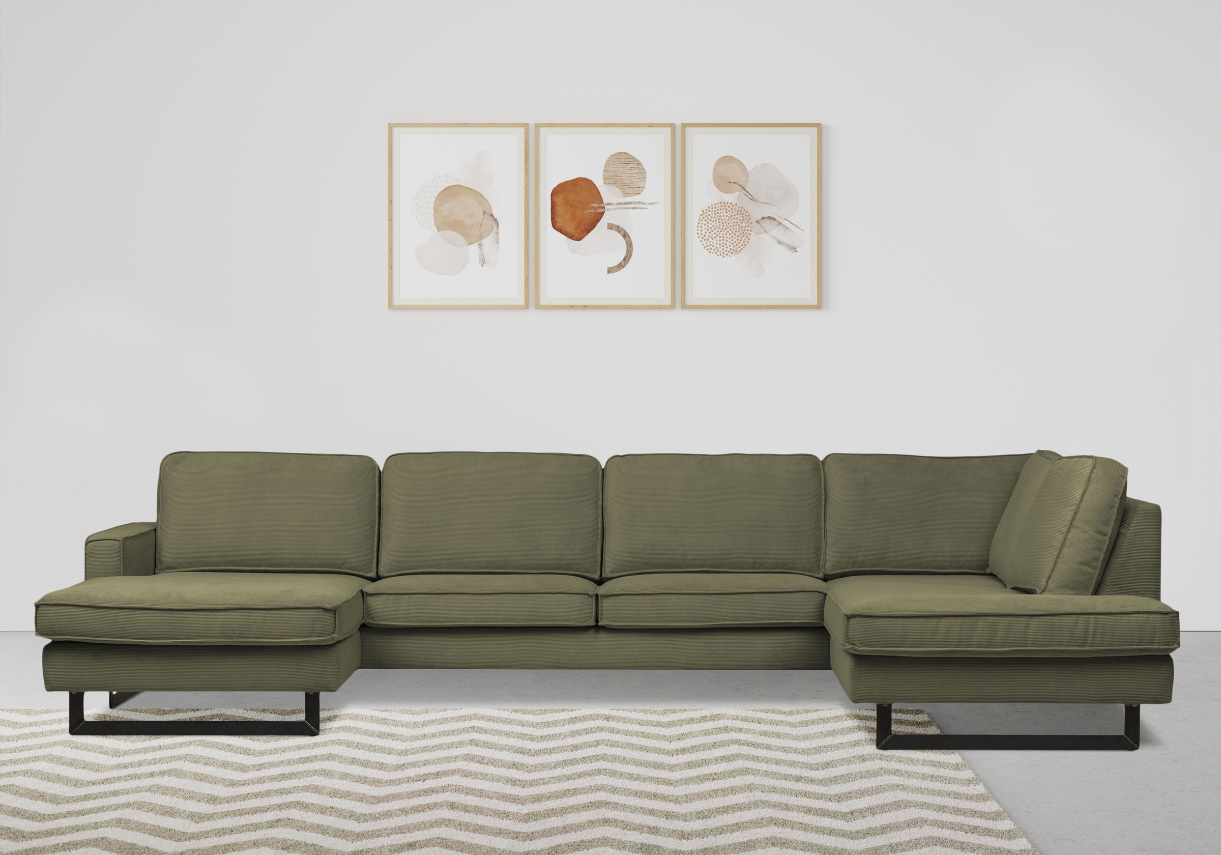 Places of Style Wohnlandschaft »Pinto, 350 cm, U-Form, XXL, mit Ottomanen«, Cord, Chenille, Lederoptik, mit Keder, Metallfüße, Wellenunterfederung
