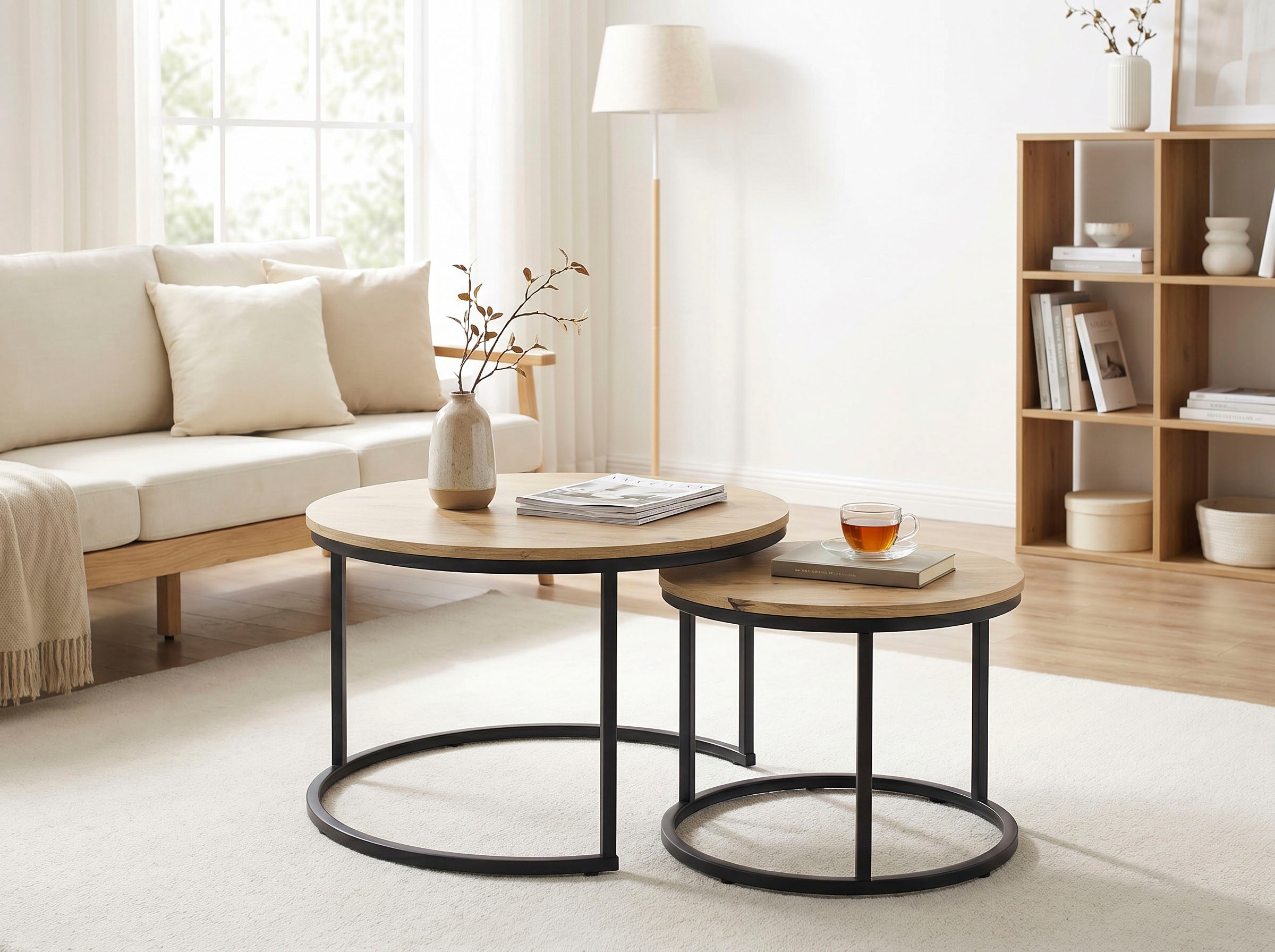 HELA Couchtisch "LINDAU" Set, 2er Set, 2 Stk. tlg. 2er Set,Tischplatten rund,MDF,Eicheoptik,Metallgestell,Dia 60+40cm
