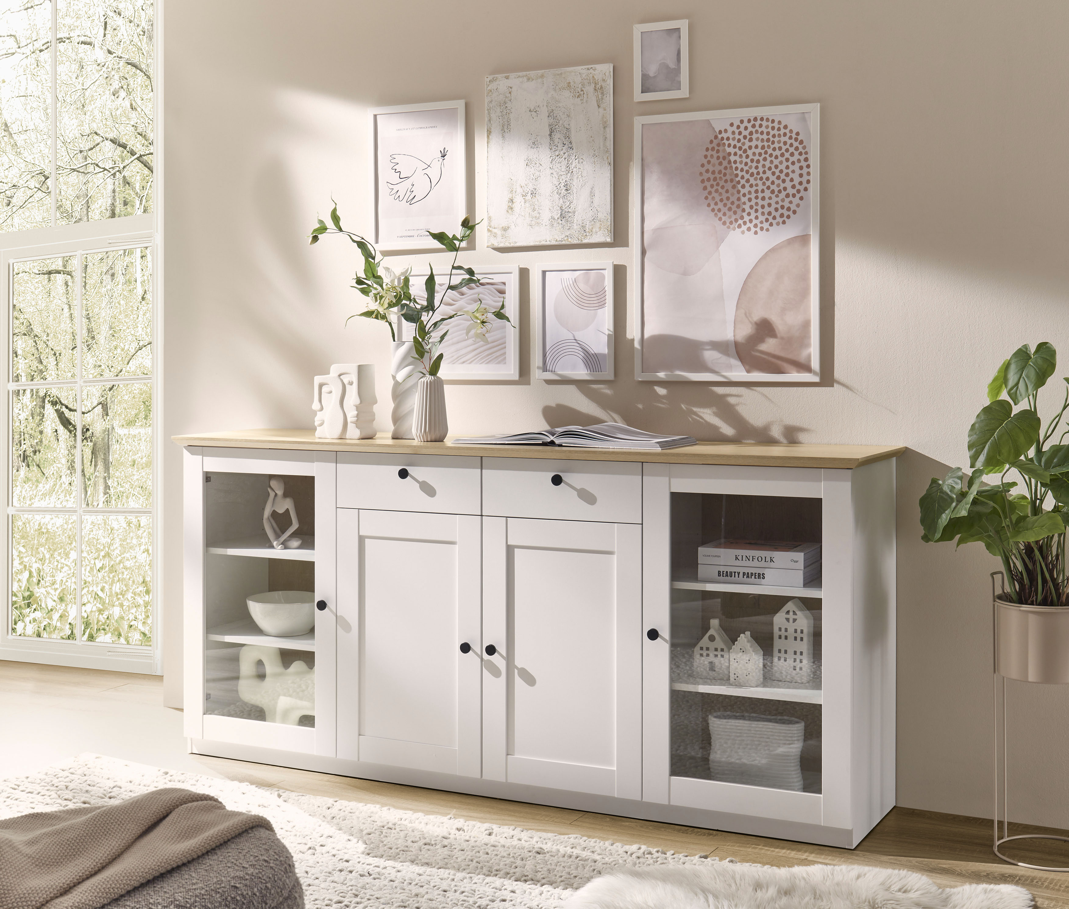 OTTO home Sideboard "Brest, Schrank im Landhausstil, Kommode, zeitloses Stauraumelement" schwarze Metallgriffe, ausreichend Stauraum, Glastüren, 204 cm breit