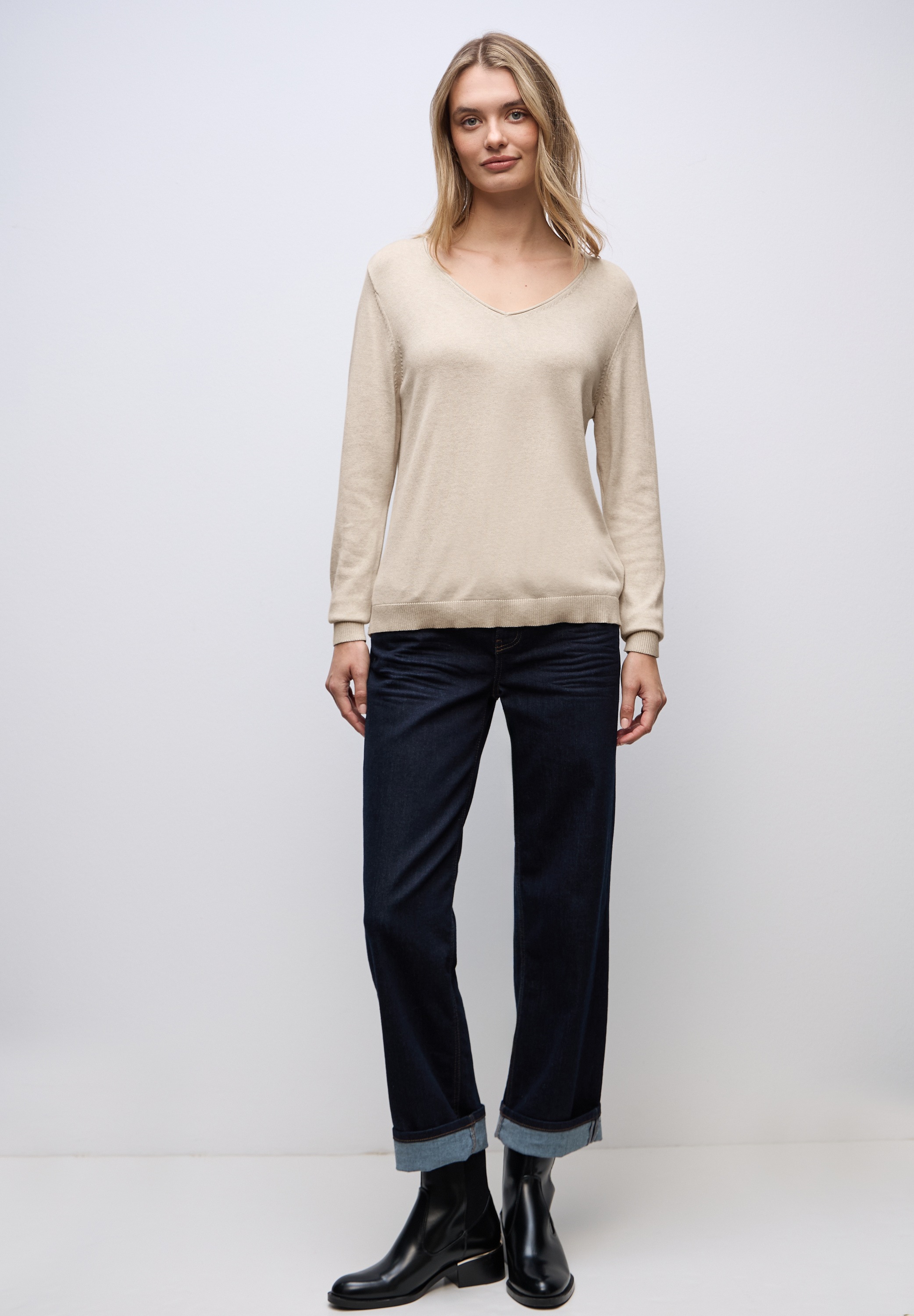 V-Ausschnitt-Pullover STREET ONE, Damen, Gr. 46, tusk cream meliert, Stoff, 60% Viskose, 40% Baumwolle, unifarben, normal normal, V-Ausschnitt, abgesteppt, Pullover, Feinstrick 3