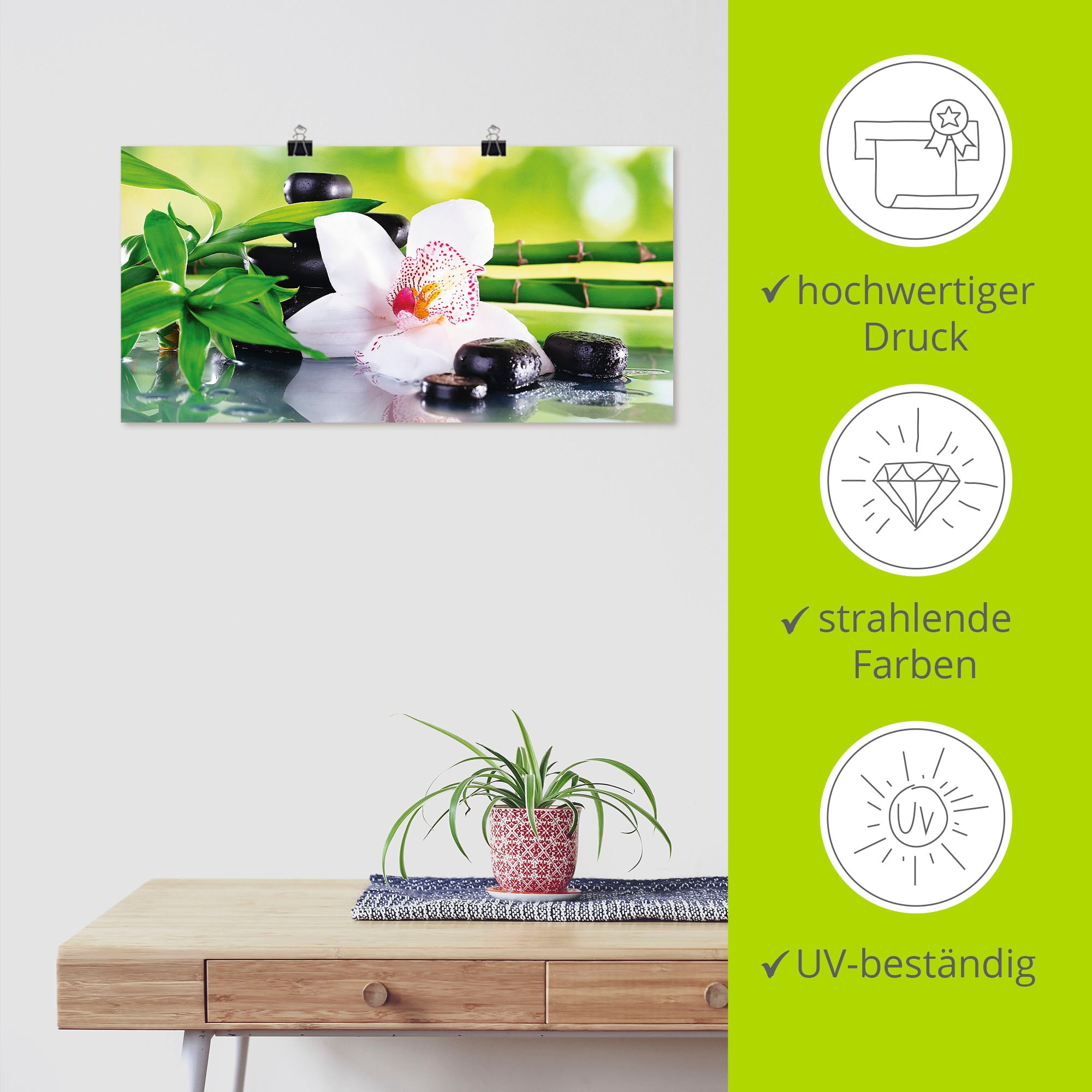 Wandbild ARTLAND "Spa Steine Bambus Zweige Orchidee", grün (farbe bild(er): grün), B:40cm H:20cm, Bilder, als Alubild, Leinwandbild, Poster in verschied. Größen 3