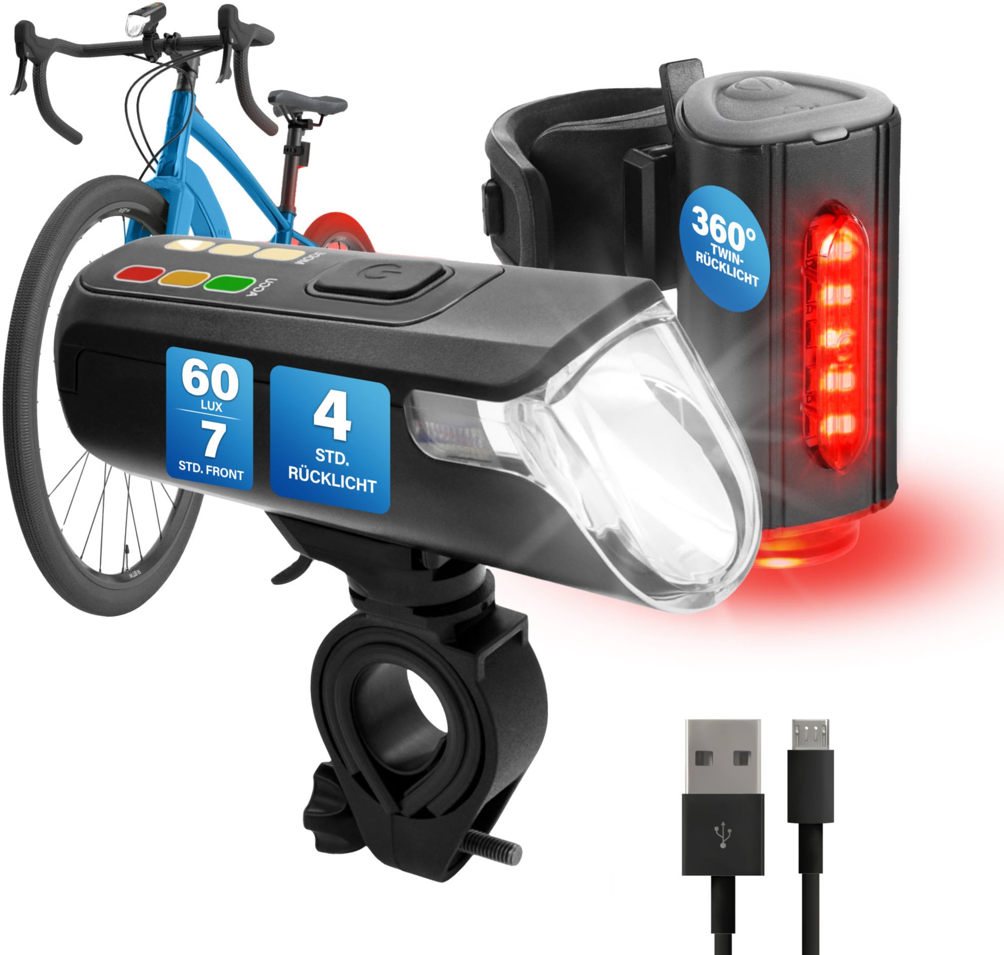 FISCHER Fahrrad Fahrradbeleuchtung »Akku-USB-LED Bel.-Set Bodenbel. 60 Lux«