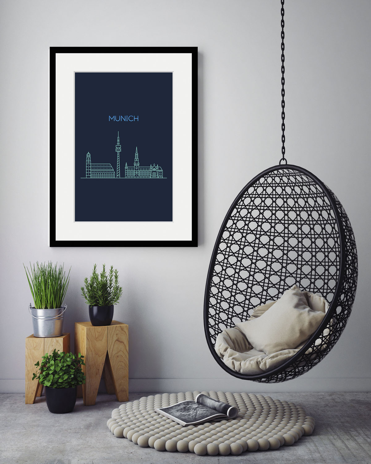 queence Bild "Munich Sightseeing" Deutschland München Schriftzug Stadt Städte 1 Stk. tlg. HD Premium Poster-Druck inkl. Holzrahmen