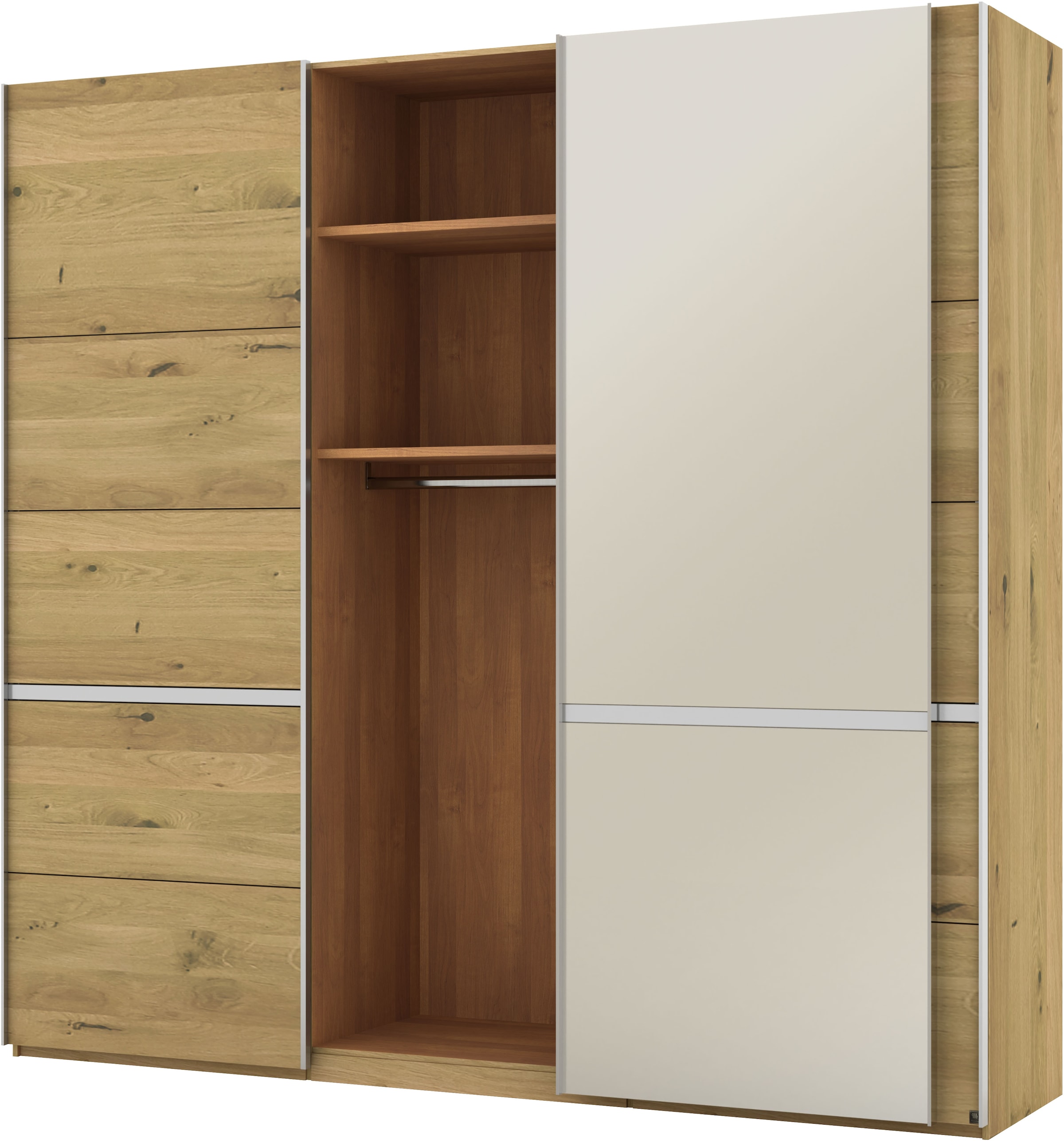 Musterring Schwebetürenschrank »Savona, Kleiderschrank, Schrank, Garderobe, mit Schiebetüren«, (Teilmassiv Bianco-Eiche, mit Spiegel oder Glas, MADE IN GERMANY), Türen Bianco-Eiche massiv, Spiegel-/Glastüren, eingelegte Chromleiste