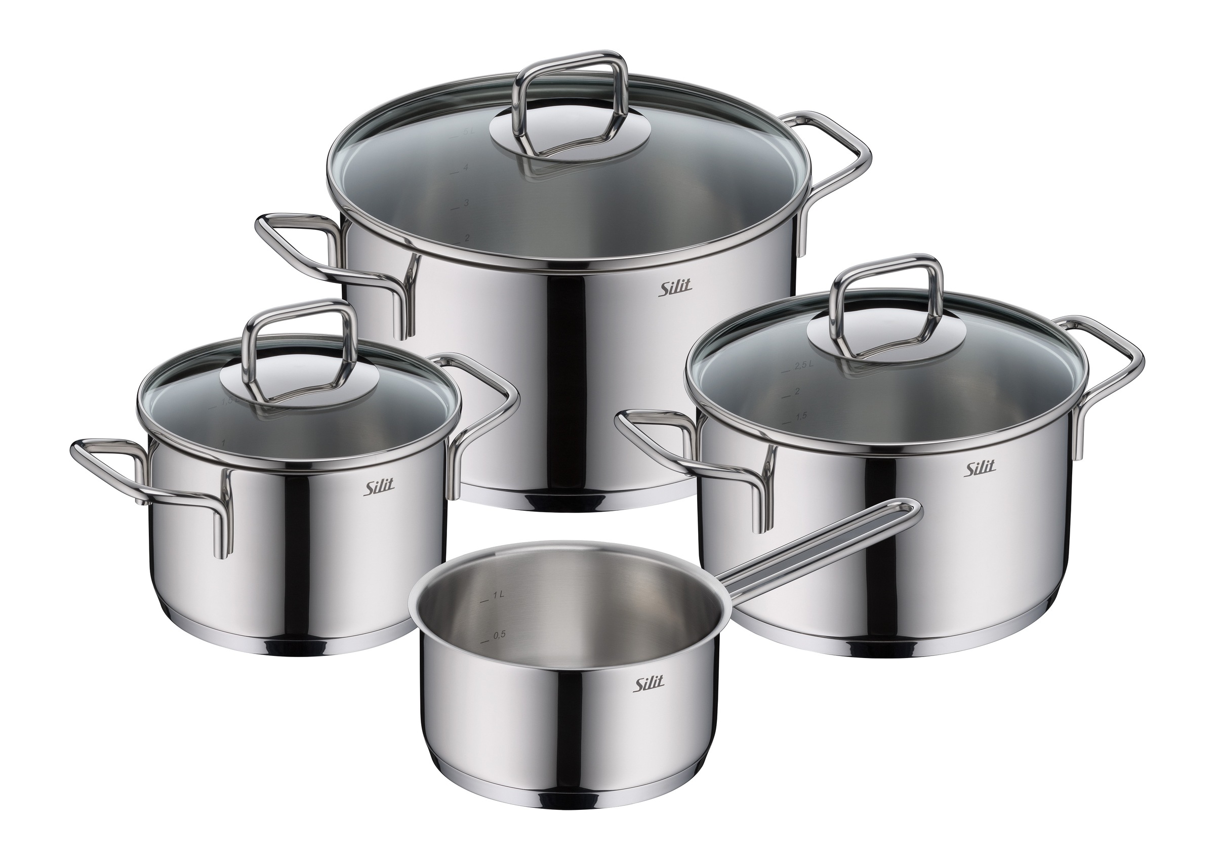 Silit Topf-Set "Extra Cook Induktion, Kochgeschirr-Set mit Glasdeckel, Innenskalierung" 3x Kochtöpfe 16/20/24 cm mit Deckel, 1x Stielkasserolle 16 cm, Edelstahl 18/10