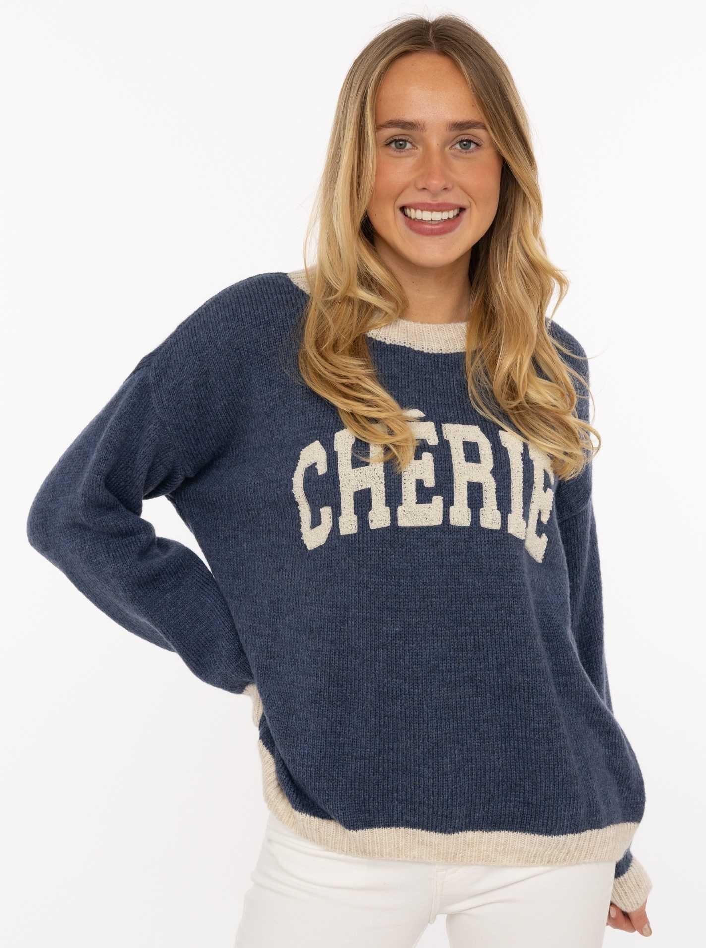 Zwillingsherz Strickpullover ""Cherie"" Rundhals, farbig abgesetzte Kanten, Schriftzug, One Size