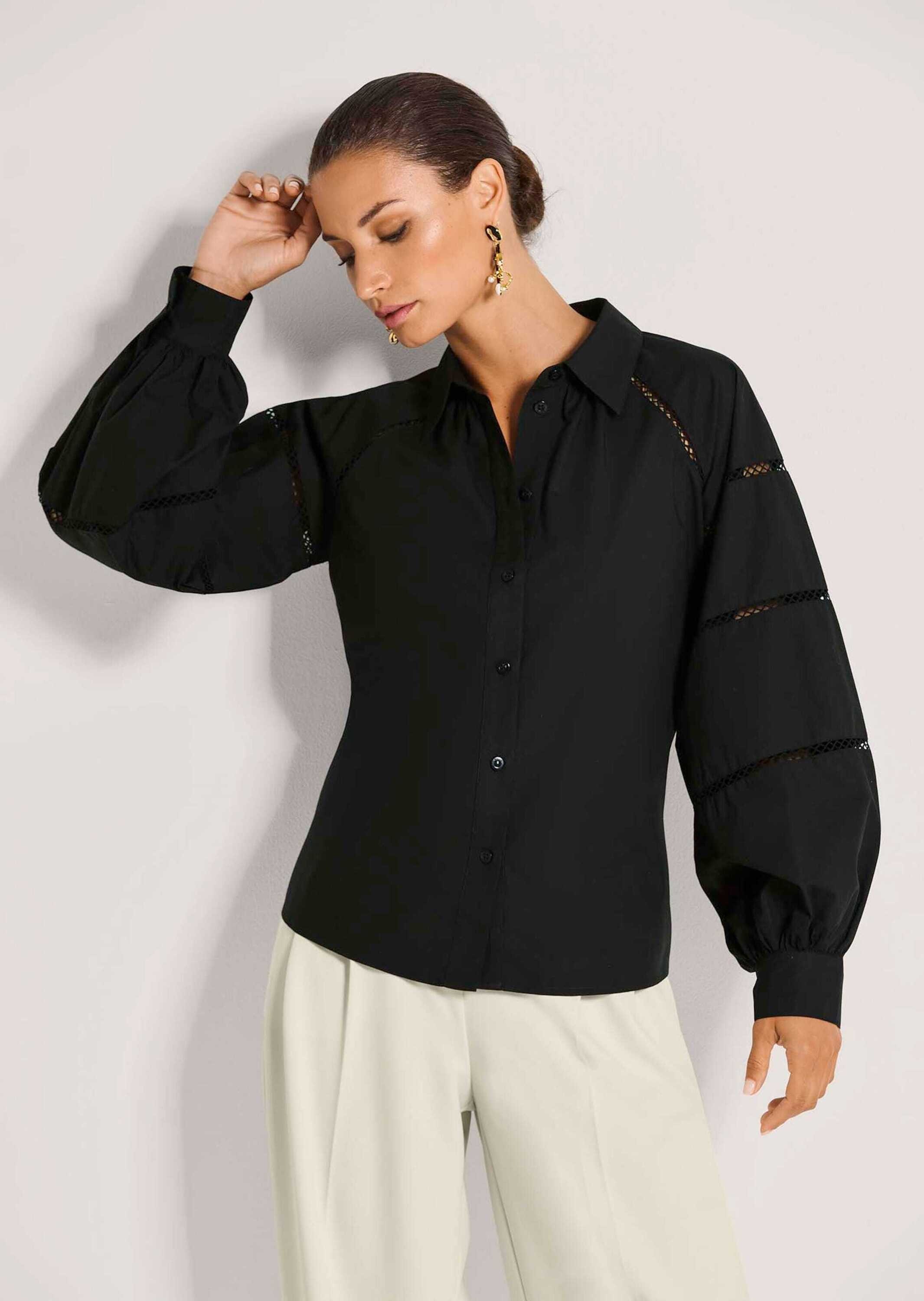 MADELEINE Hemdbluse »Hemdbluse Baumwollbluse mit Spitzendetails« Dünne Spitzenbänder an Raglanärmel