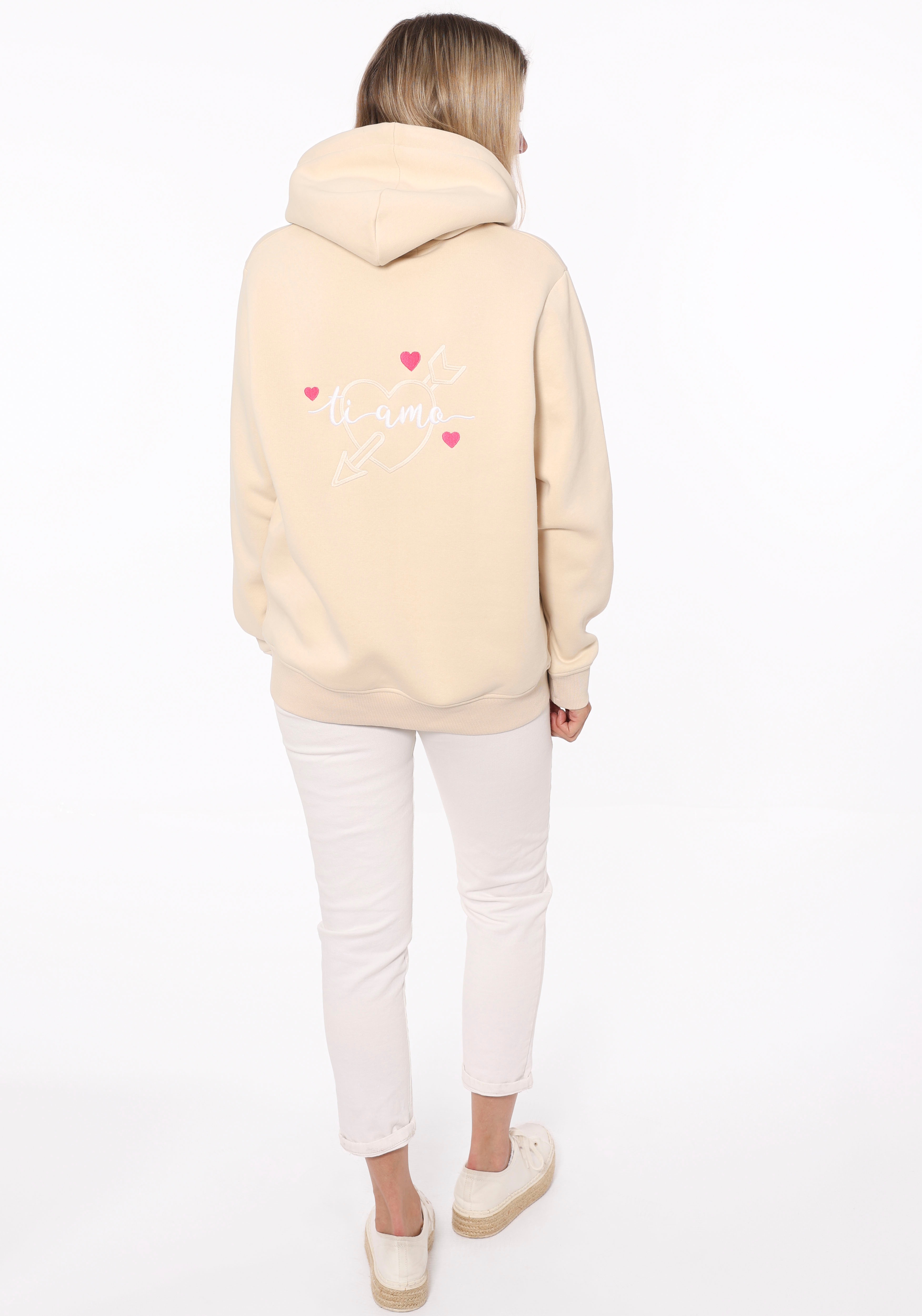 Thumbnail - Zwillingsherz Hoodie, mit "Amore"-Aufstick und Herzchen am Rücken, Kapuze