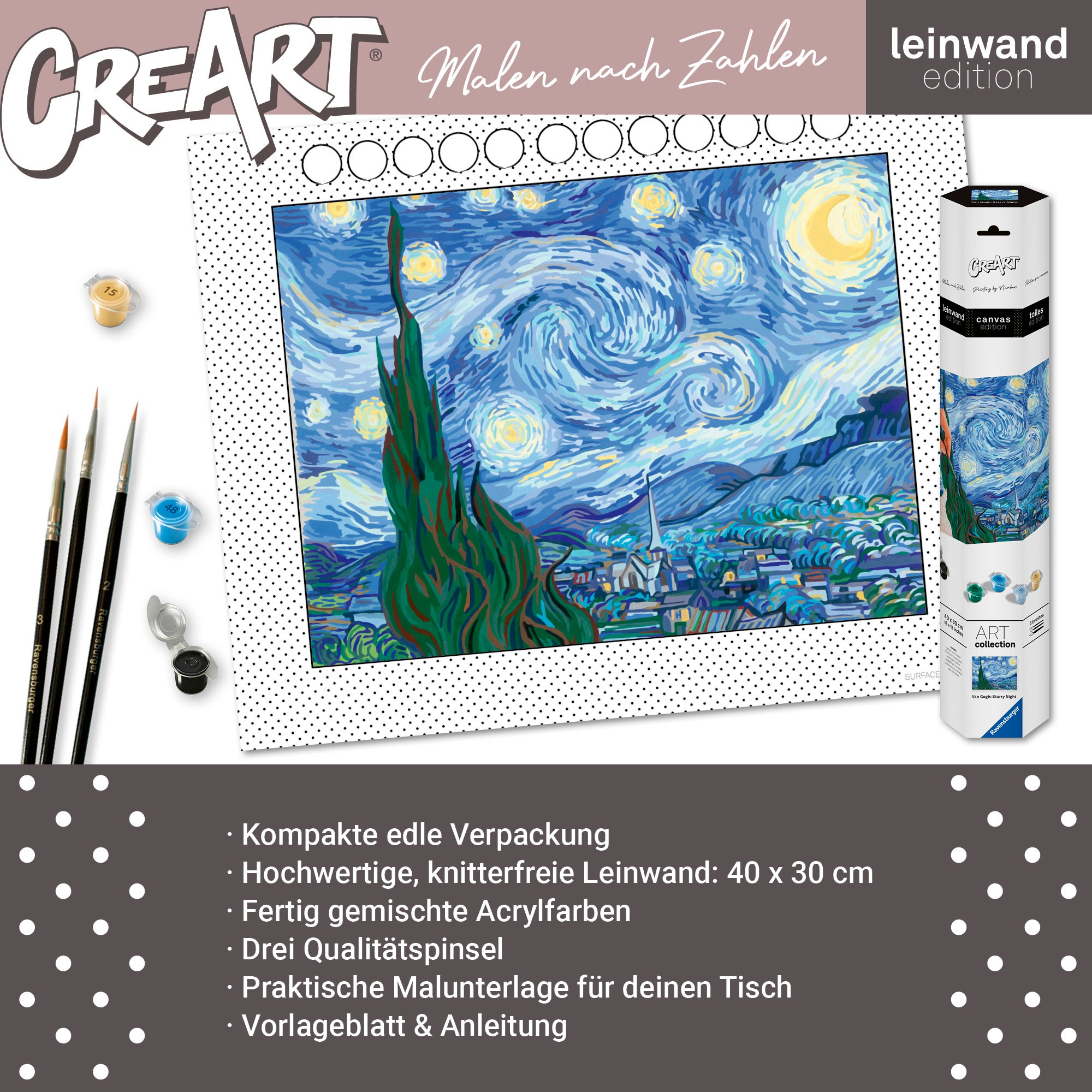 Ravensburger Malen nach Zahlen »CreArt, Leinwand ART Collection: Sternennacht (Van Gogh)«, Made in Europe