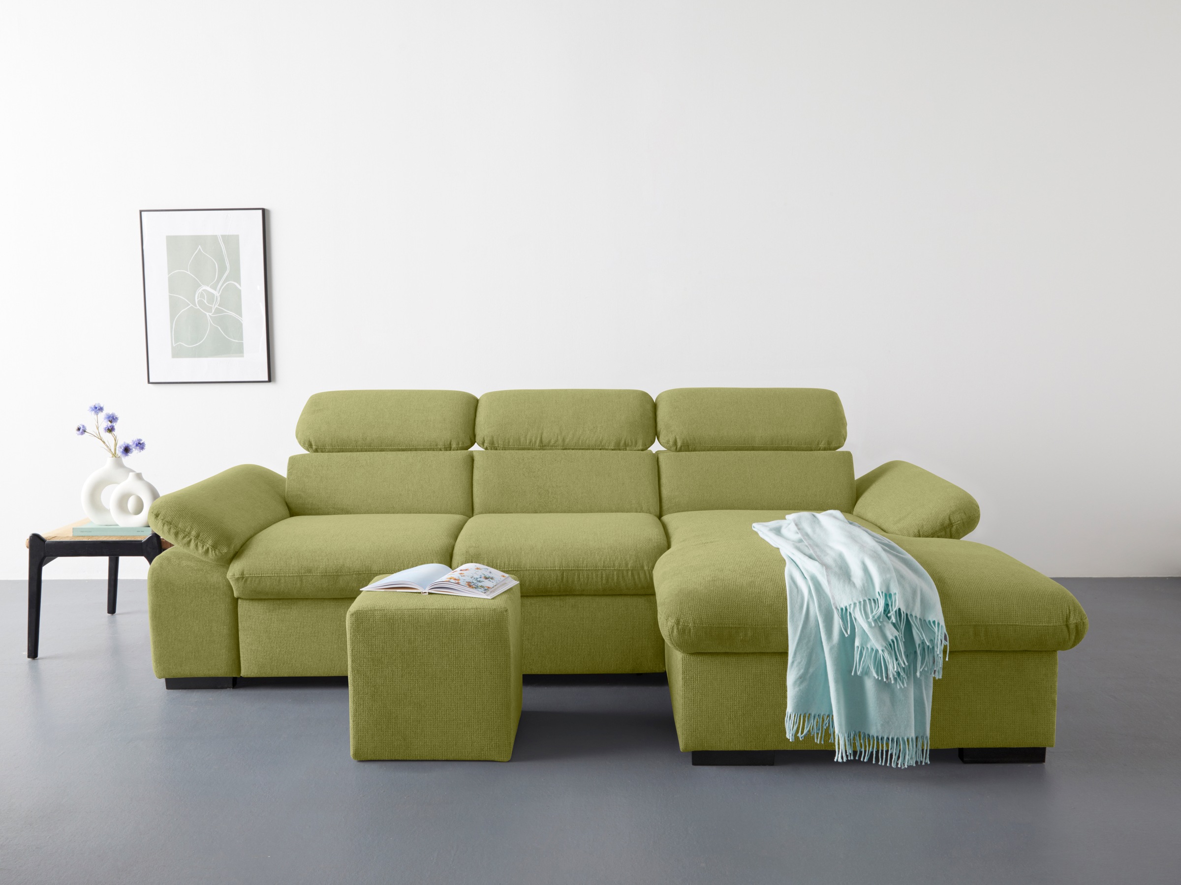 COTTA Ecksofa »Lola L-Form mit Kopfteilfunktion & Hocker«, (Set, mit Hocker), wahlweise mit Bettfunktion, Bettkasten & Armteilverstellung
