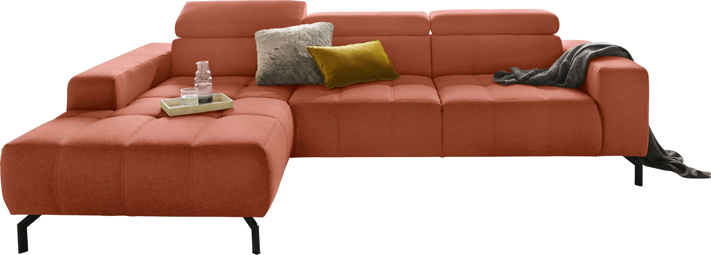 DOMO collection Ecksofa »Cunelli tolle Sitznähte als Designelement, fester Sitzkomfort, L-Form«, wahlweise mit 6-fach verstellbarer Kopfteilverstellung, bodenfrei