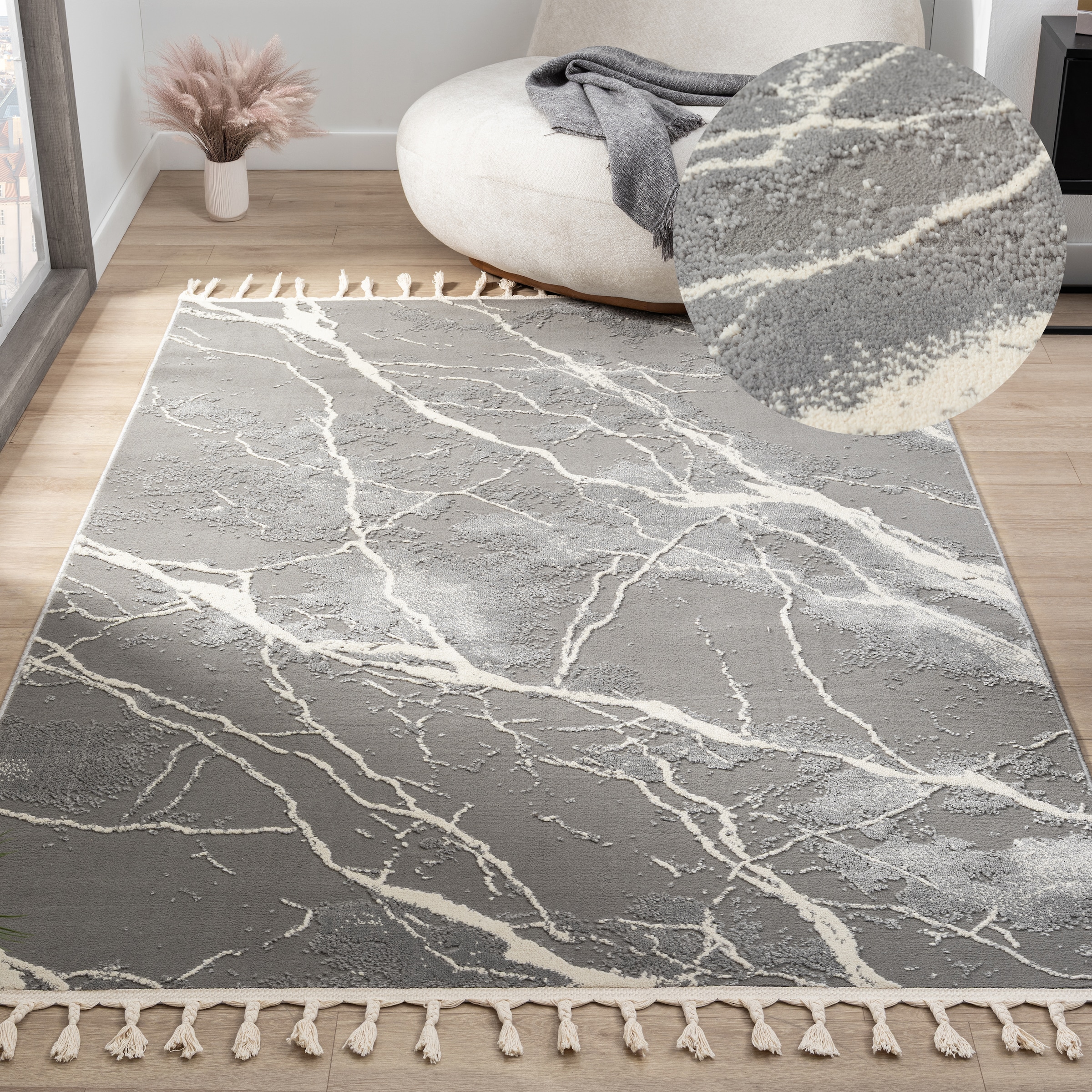my home Teppich "Zoe, Hoch-Tief-Struktur" rechteckig 11 mm Höhe mit Fransen günstig online kaufen