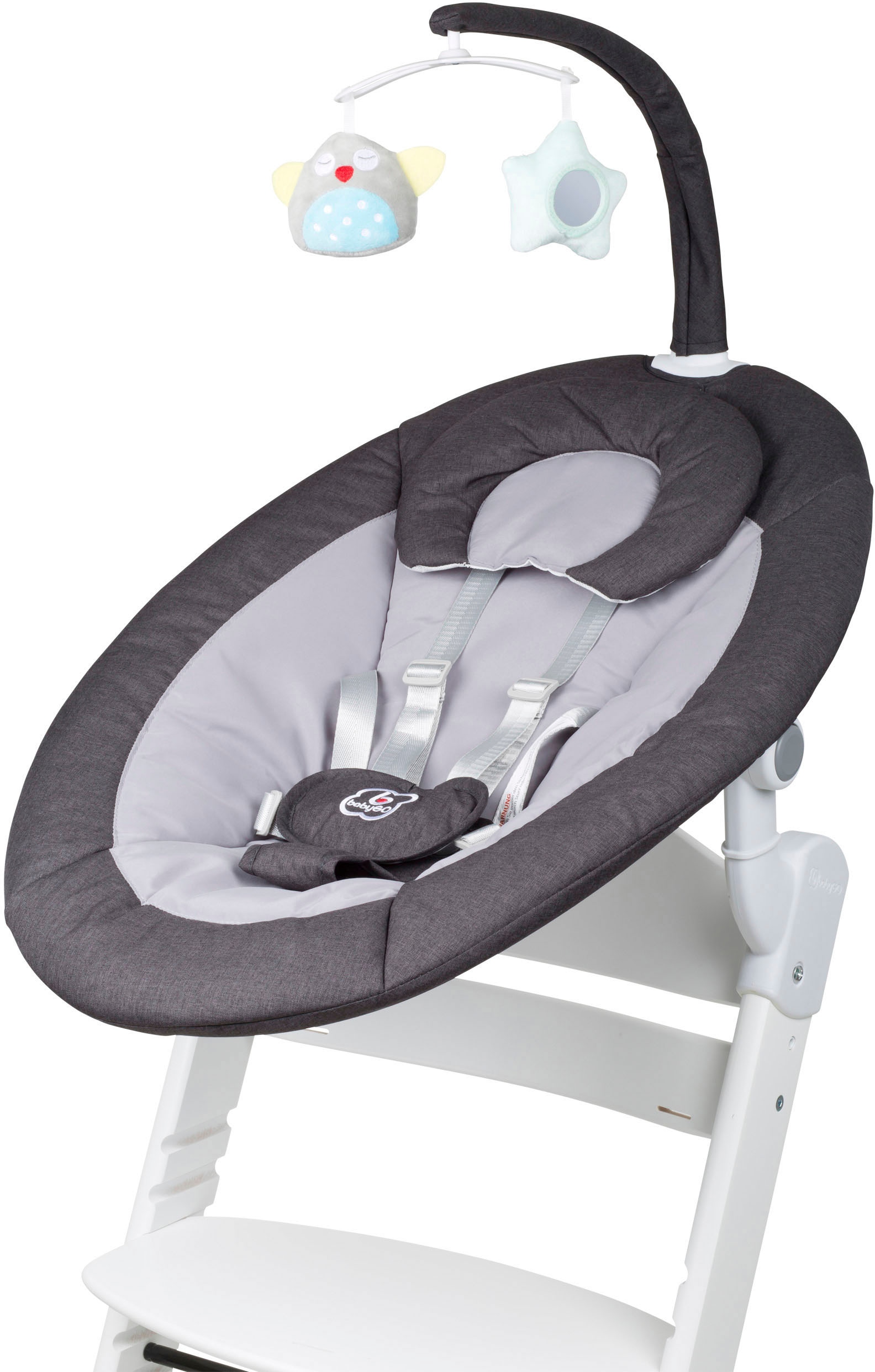 BabyGo Hochstuhl »Family Homey Set, weiß/dunkelgrau«, mit elektrischer Babywippe inkl. Spielbogen