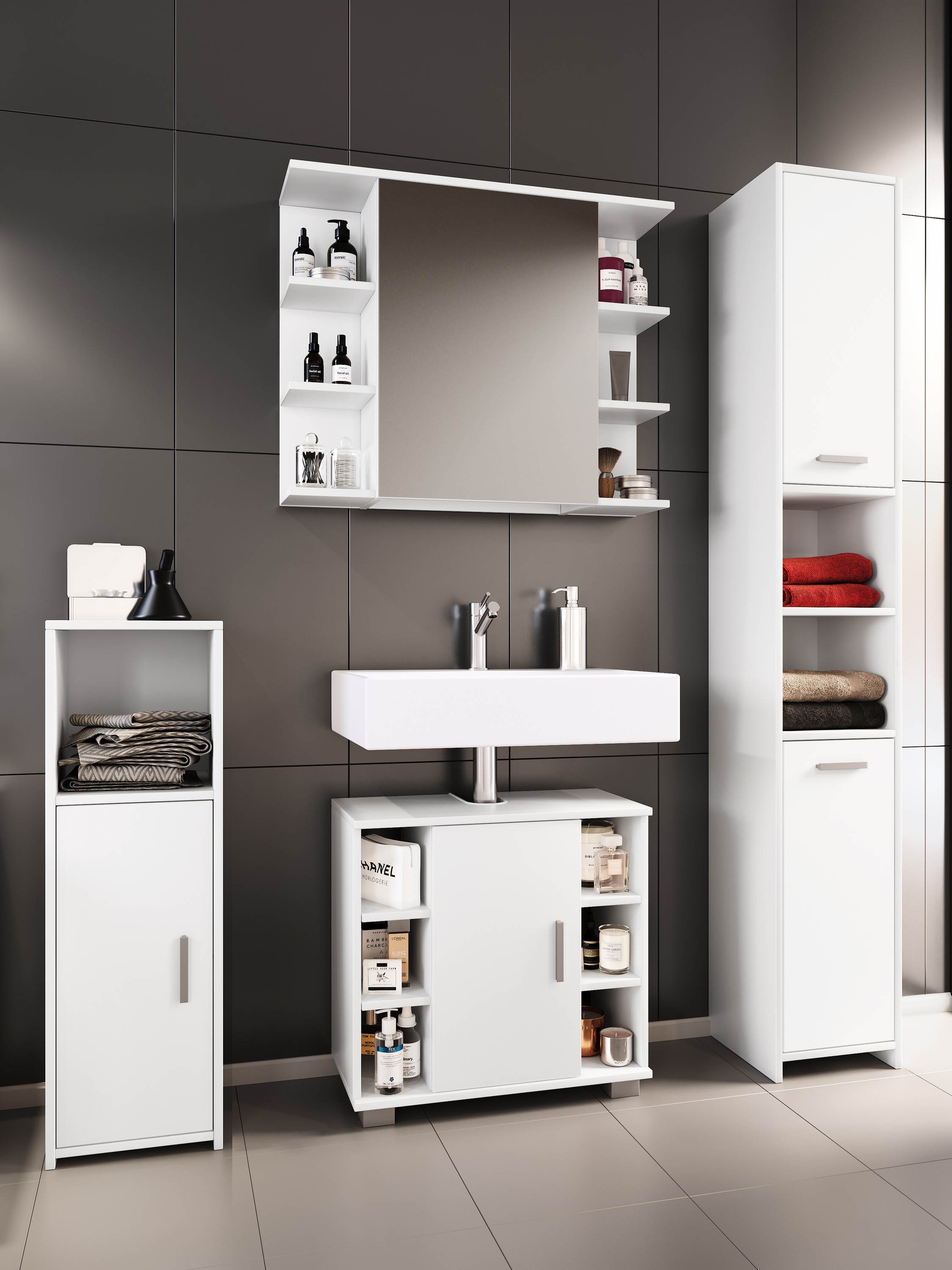 VCM Waschbeckenunterschrank »VCM 4-tlg. Badmöbelset | Badmöbel | Set aus Unterschrank, Midischrank, Hochschrank und Spiegelschrank | Badezimmermöbel - Zalo II«, (4 St.)