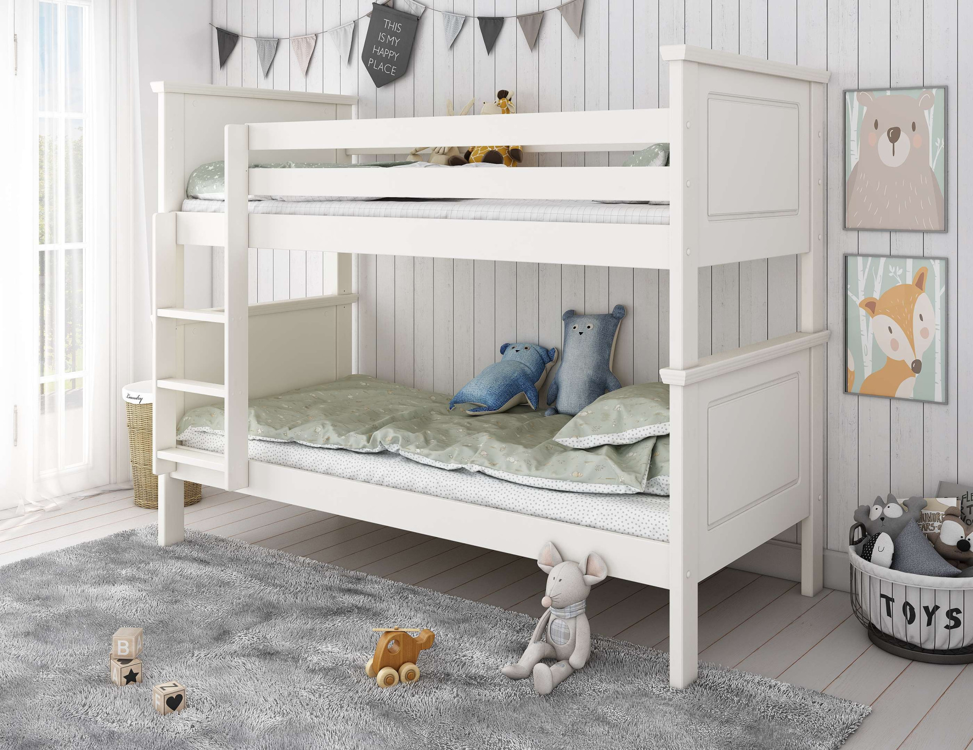 OTTO home Etagenbett "Erik, teilbar in 2 Einzelbetten, Kassettenoptik, Landhausstil" mit Lattenroste, Massivholz, Made in EU