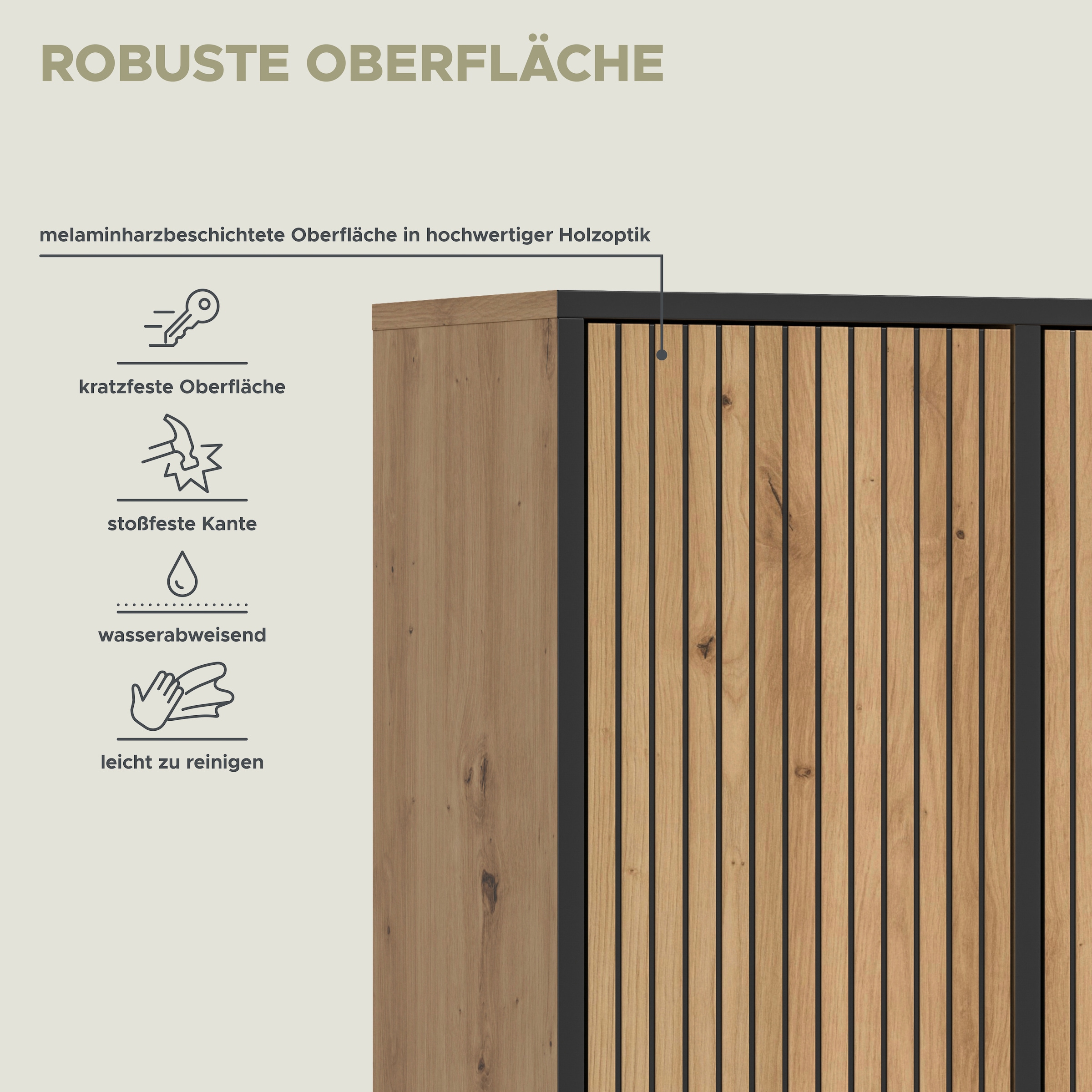 welltime Hochschrank »LOCRI, Höhe 159 cm, 2 Türen, 6 Einlegeböden, 1 offenes Fach« industrial Look mit Rillenoptik & Metall Kufen, 1 Stk. tlg. variable Einlegeböden, modernes Design, Badschrank, Bad