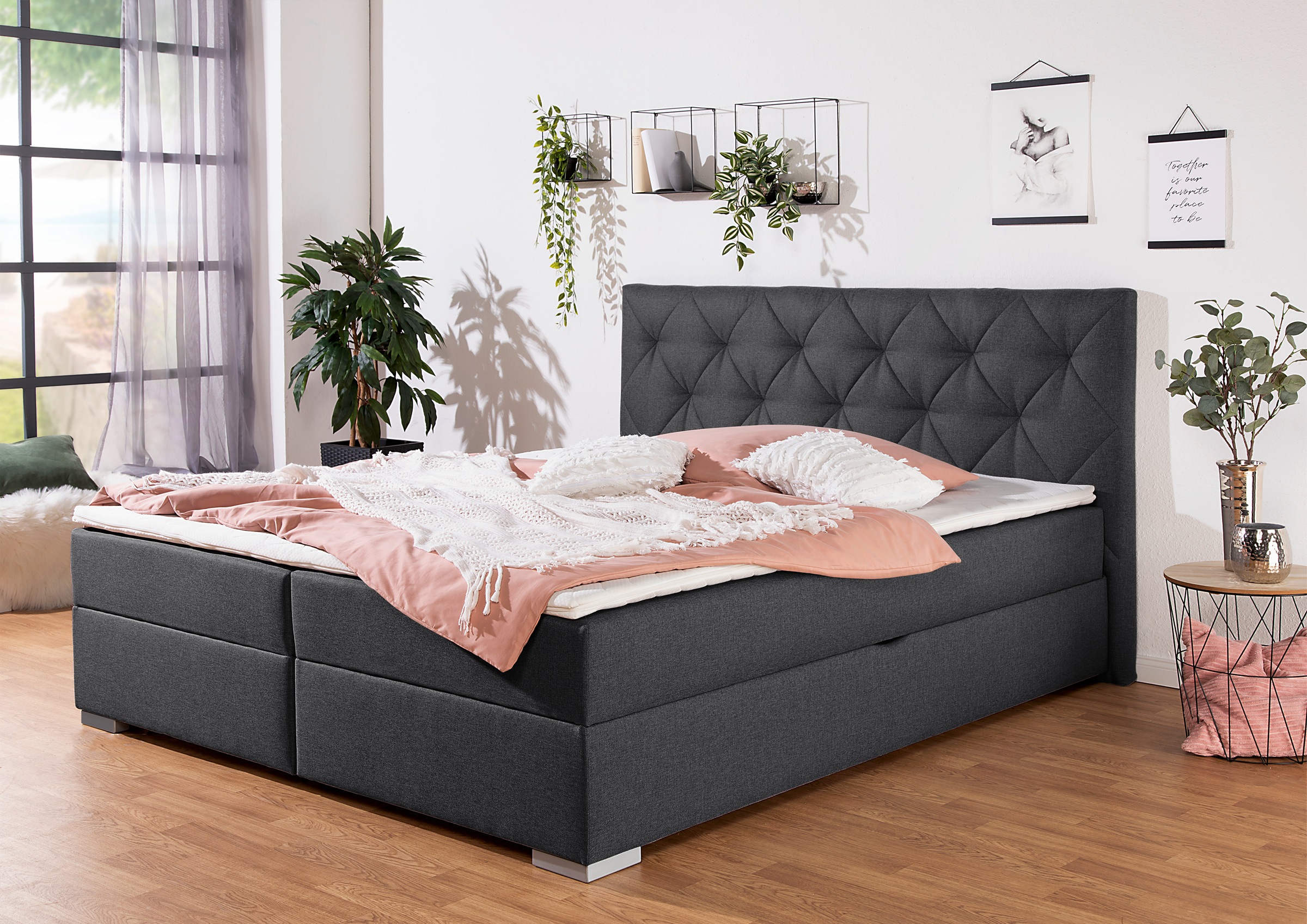 Boxbett HOME AFFAIRE "Tynan", grau (anthrazit), B:194cm L:210cm, Komplettbetten, Boxspringbett, wahlweise mit Bettkasten, in H2, H3 & H4 erhältilich