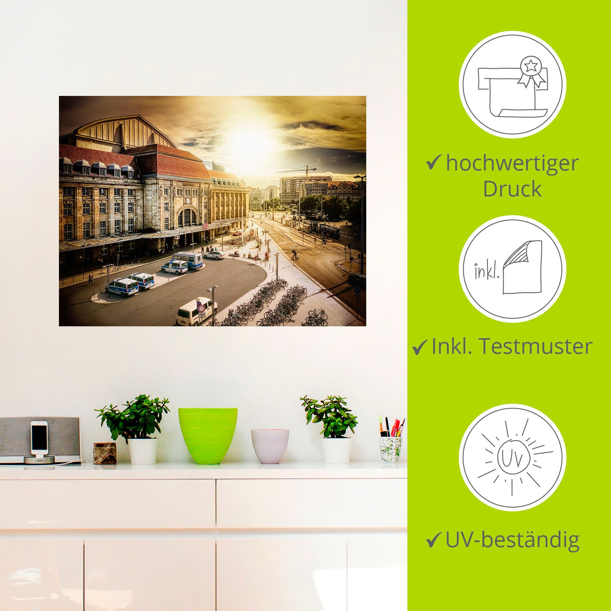 Artland Wandbild »Hauptbahnhof Leipzig im Sonnenuntergang«, Gebäude, (1 St.), als Alubild, Leinwandbild, Wandaufkleber oder Poster in versch. Größen