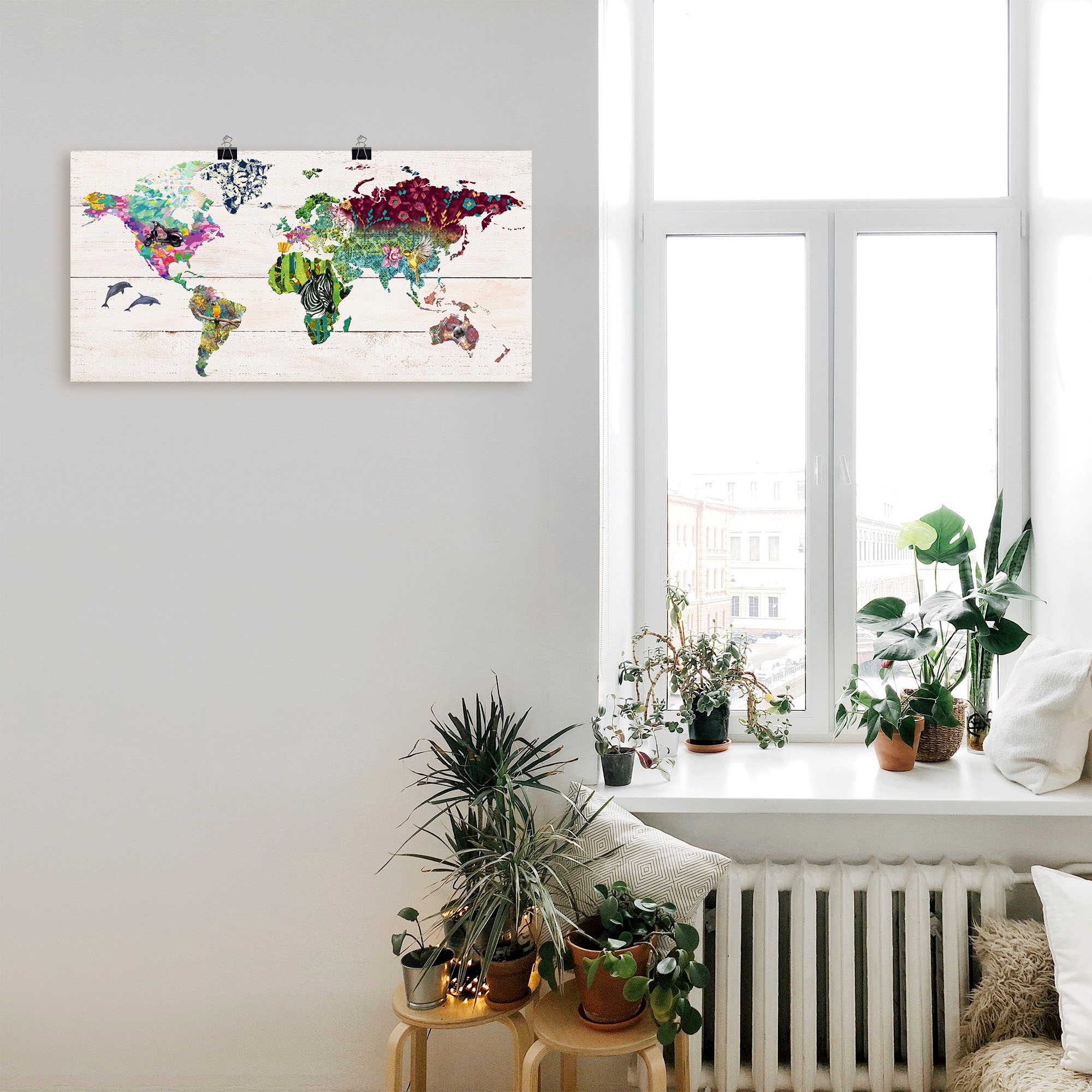 Artland Wandbild »Bunte Welt Landkarten, hölzernem als (1 | Wandaufkleber Leinwandbild, Poster St.), in Untergrund«, auf oder BAUR versch. bestellen Größen