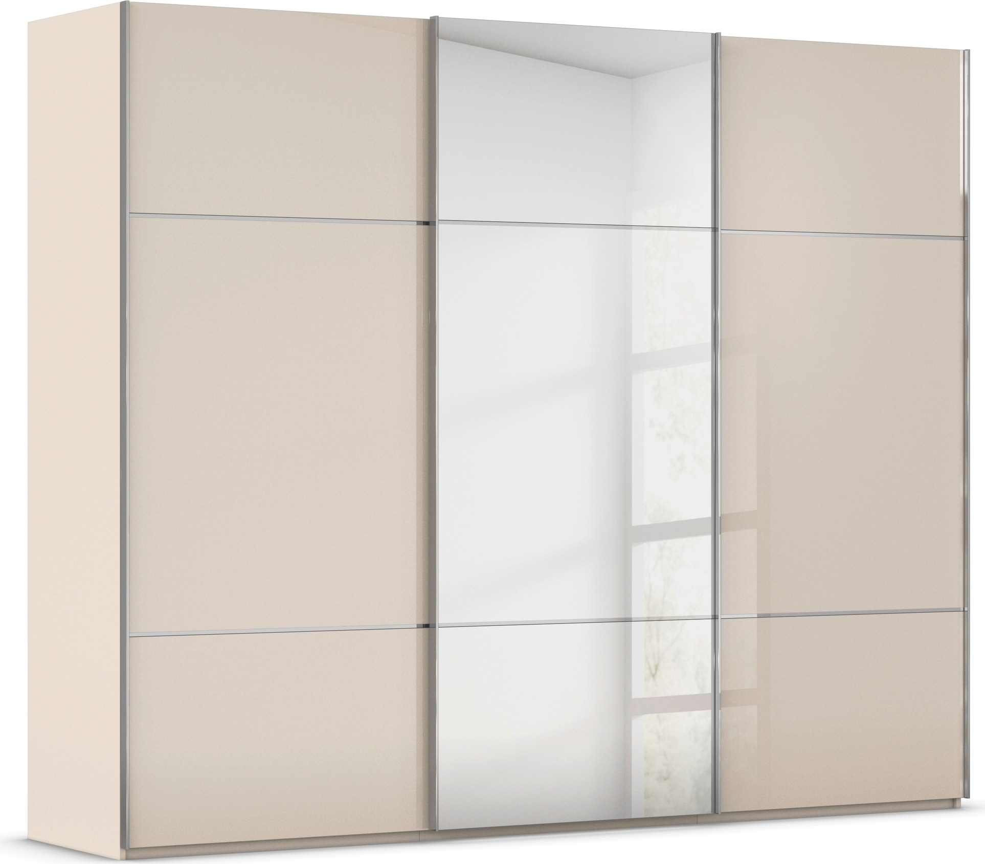 rauch Schwebetürenschrank "Kleiderschrank Schrank Garderobe Schlafzimmerschrank SCALE-TRIO" edle dreigeteilte Front mit 2 Zierleisten Spiegel/Glas MADE IN GERMANY