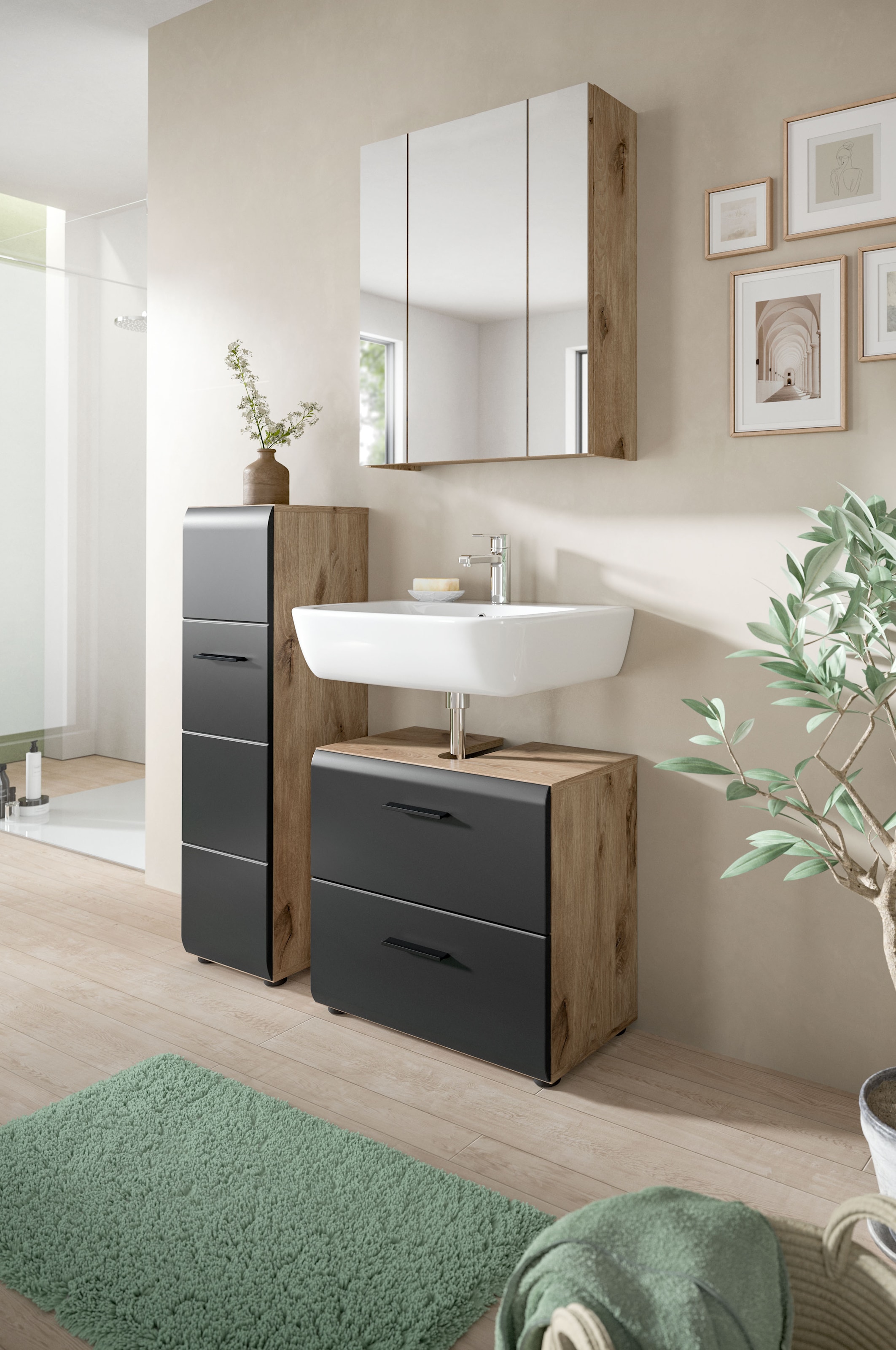 INOSIGN Stauraumschrank, (1 St.), Florenz, Badschrank Nox Oak NB, 106 cm hoch, 4 Fächer