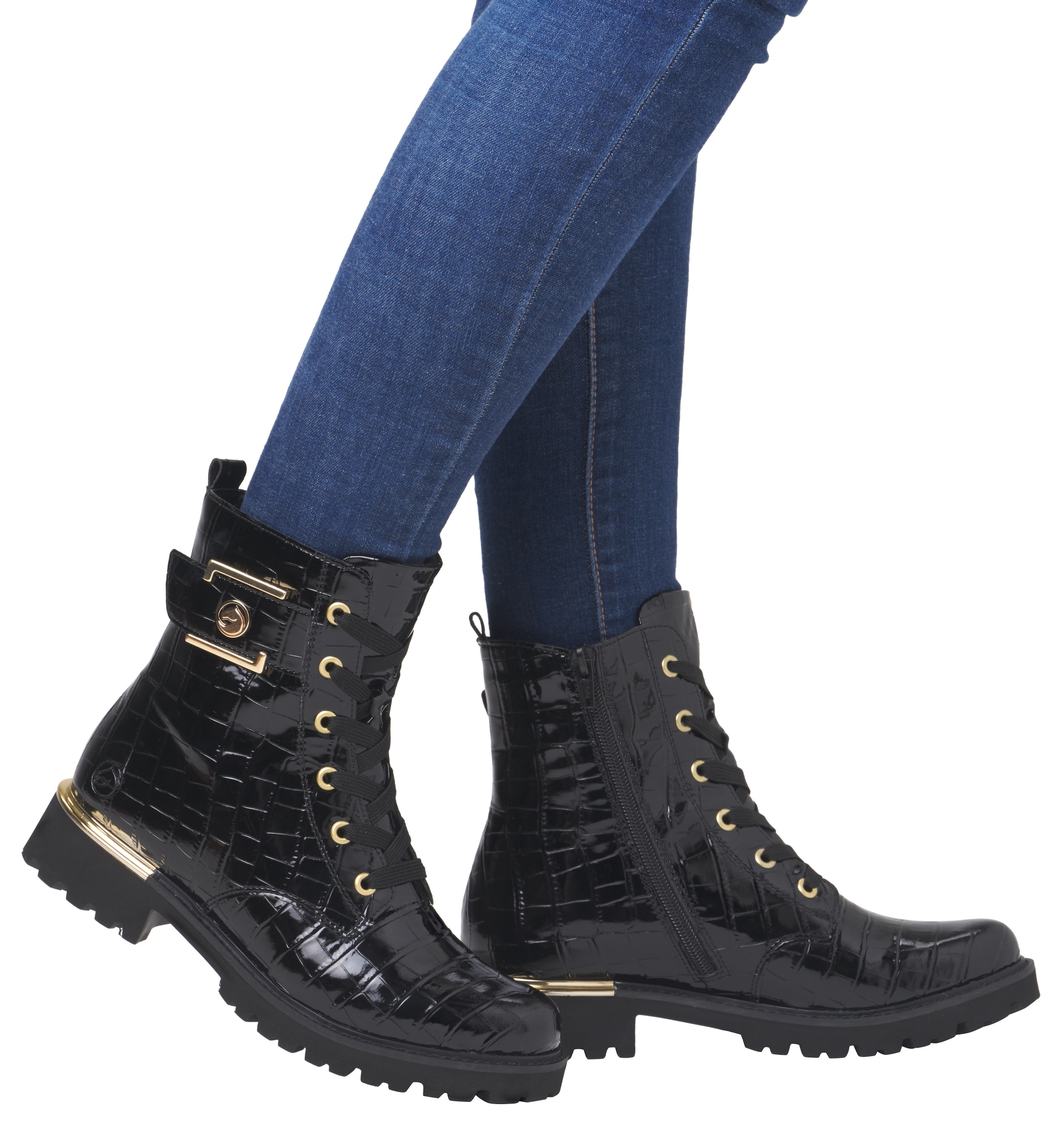 Remonte Schnürstiefelette, Blockabsatz, Schnürboots im Kroko-Look, Innenreißverschluss