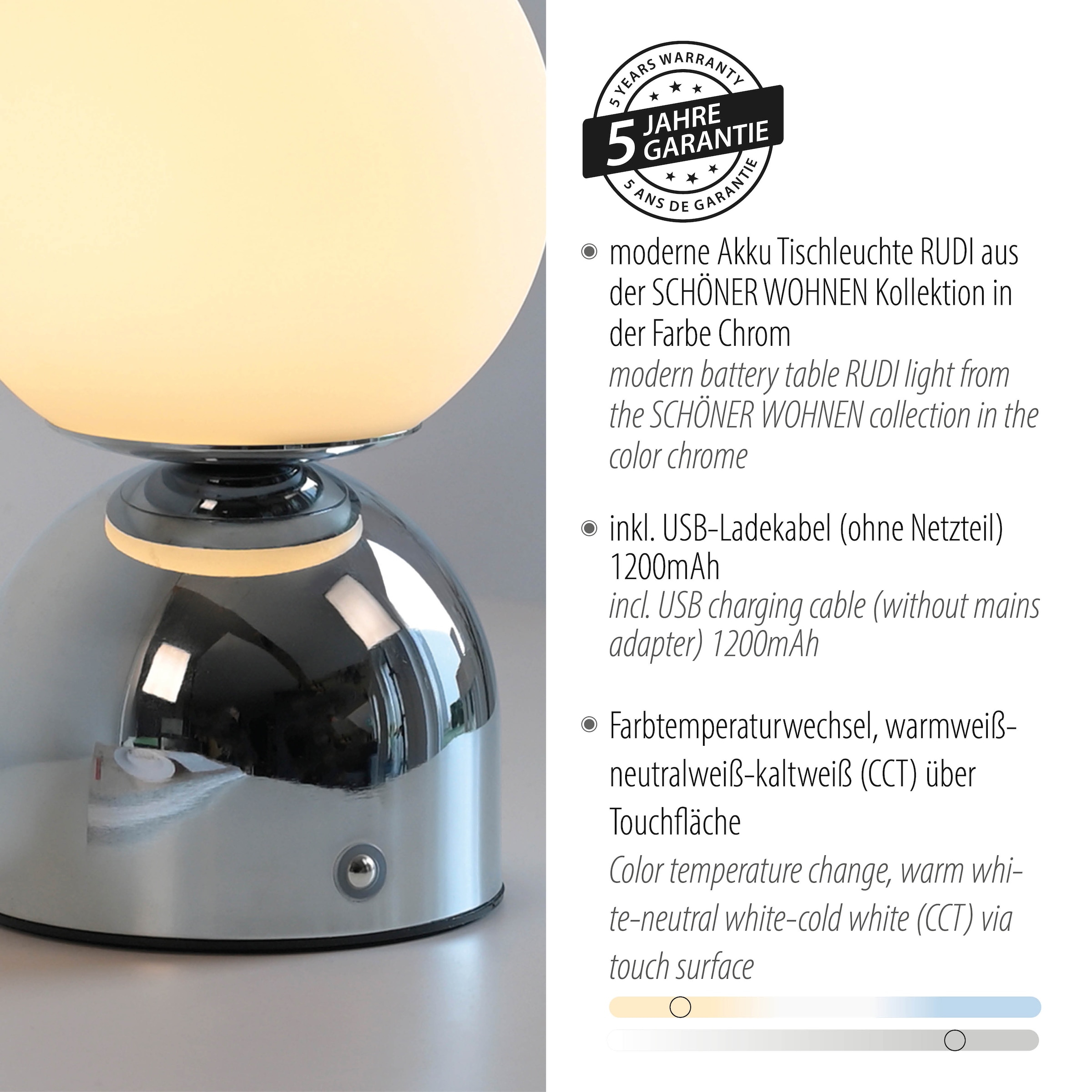 SCHÖNER WOHNEN-Kollektion LED Tischleuchte »RUDI« LED-Board 1 Stk. warmweiß - kaltweiß SCHÖNER WOHNEN Kollektion, CCT 3000-6000K, Touchdimmer, Memoryfunktion