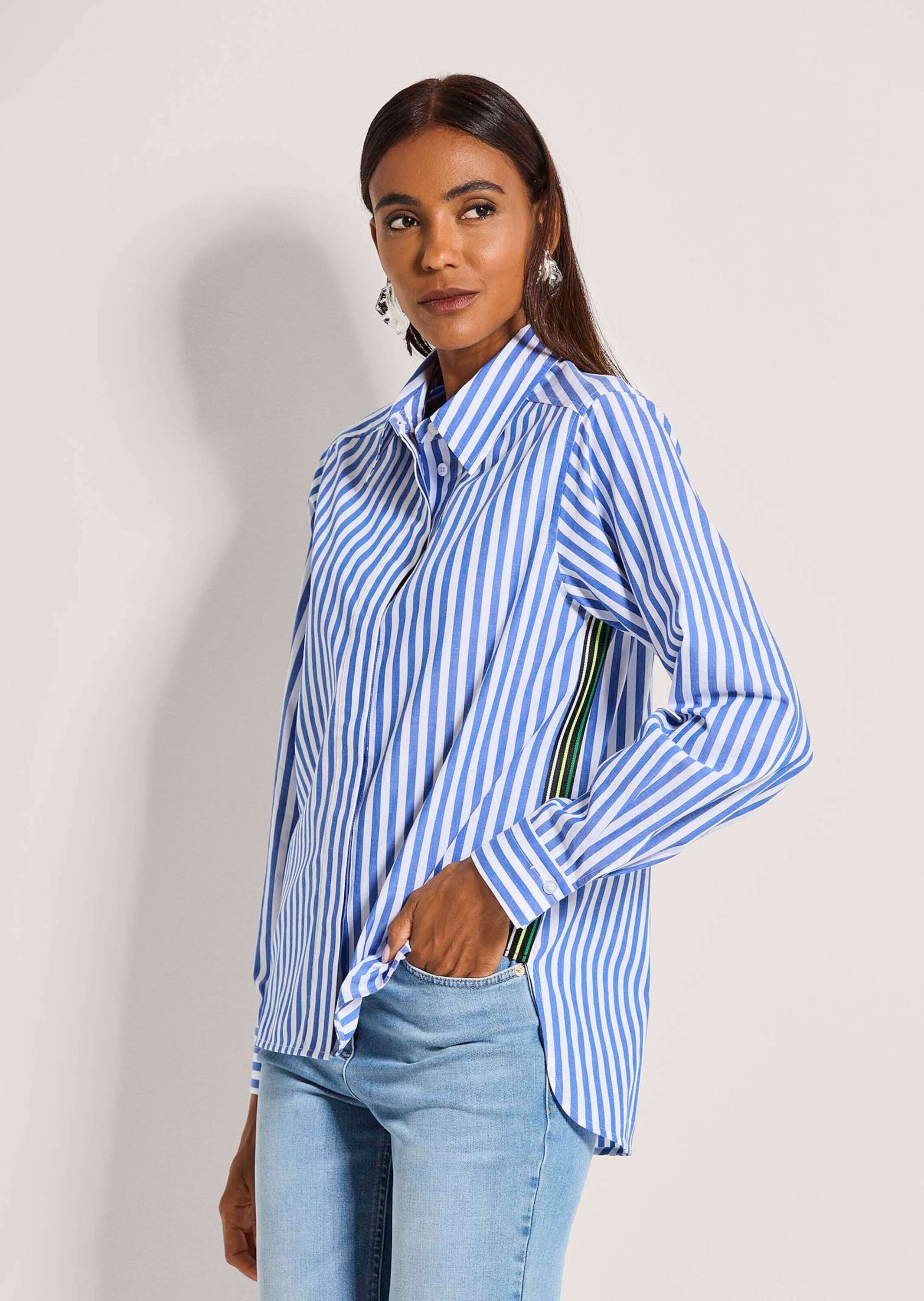 Thumbnail - MADELEINE Langarmbluse "Streifenbluse Hemdbluse mit Streifenmuster" Bluse mit seitlich eingesetztem Kontrastband