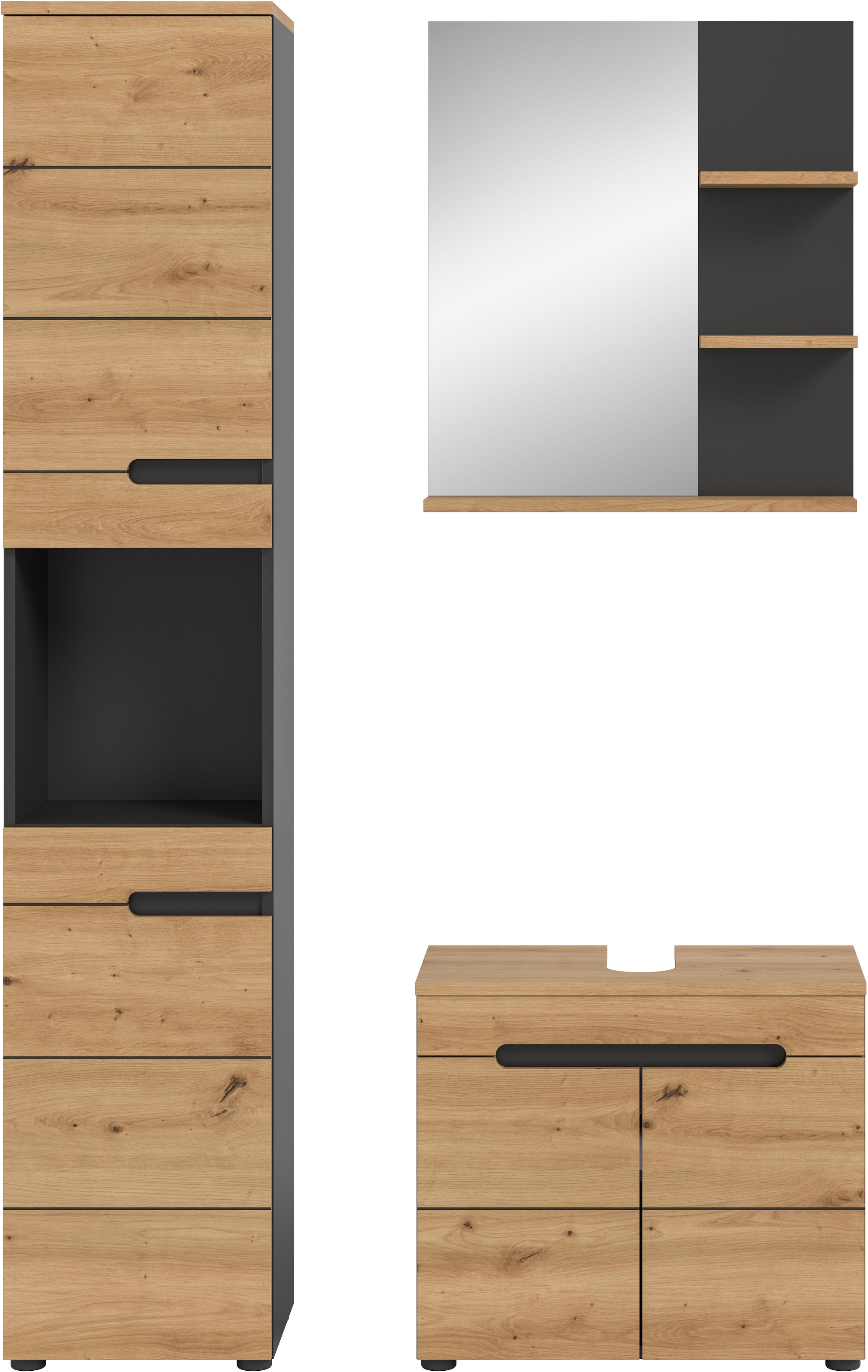 INOSIGN Badmöbel-Set »REHAT, 3-teilig, Breite 116 cm, mit grifflosen Fronten, bestehend aus:«, (3 St.), 1x Hochschrank, 1x Waschbeckenunterschrank & 1x Badspiegel