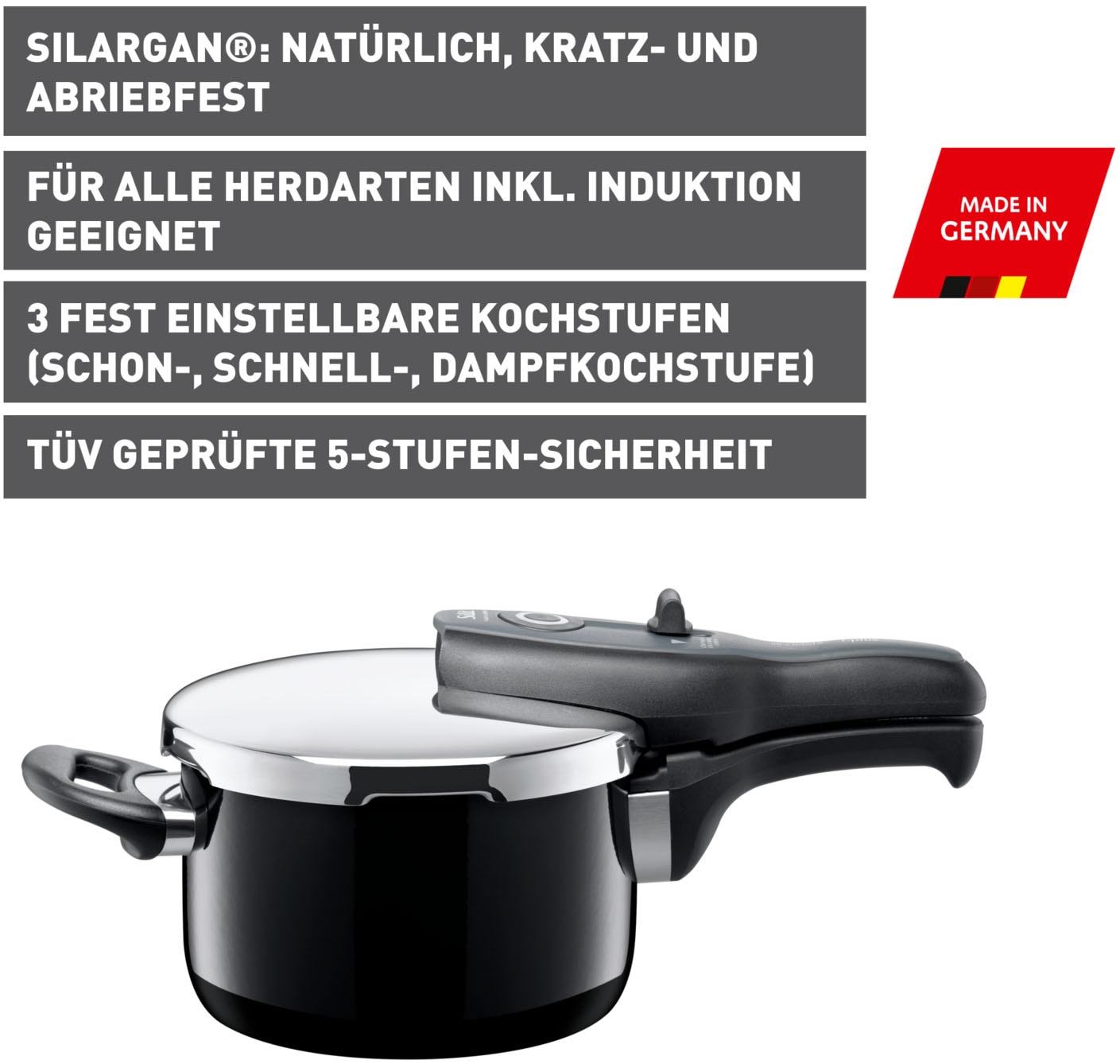 Silit Schnellkochtopf »SICOMATIC T-PLUS, Induktionstopf spülmaschinengeeignet«, Silargan®, für alle gängigen Herdarten geeignet, 3 Kochstufen, Made in Germany