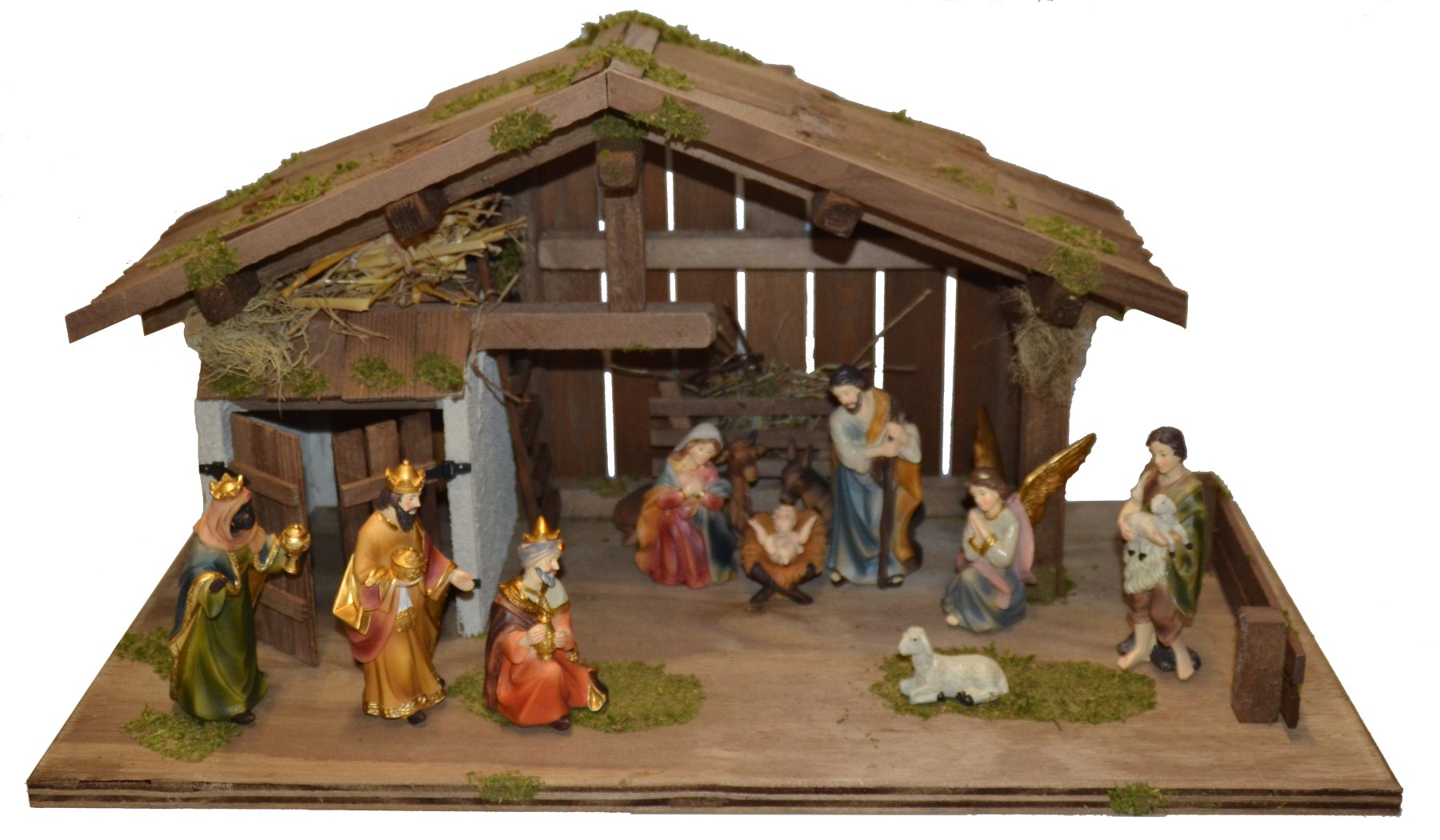 ALFRED KOLBE Krippe "Krippenstall", B:60cm H:30cm T:30cm, braun, Weihnachtskrippen, mit 13 cm Poly-Figuren 11tlg.