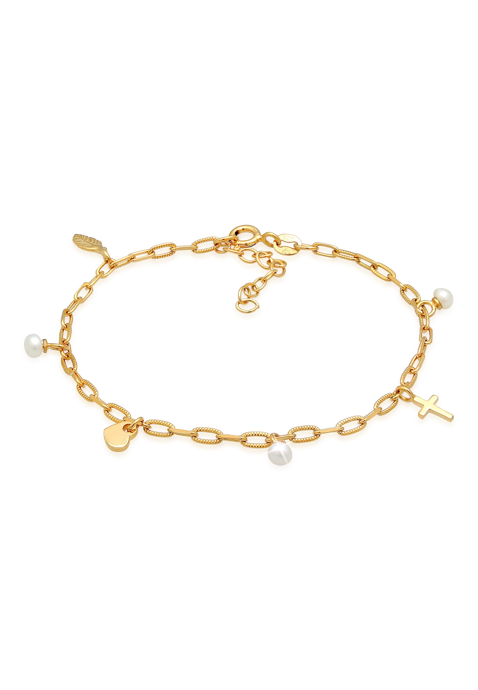 ELLI Damen Armkette "Armband Kreuz Feder Herz Süßwasserperle Charm 925 Silber", Silber 925 (Sterlingsilber), gold, Silber 925 (Sterlingsilber),