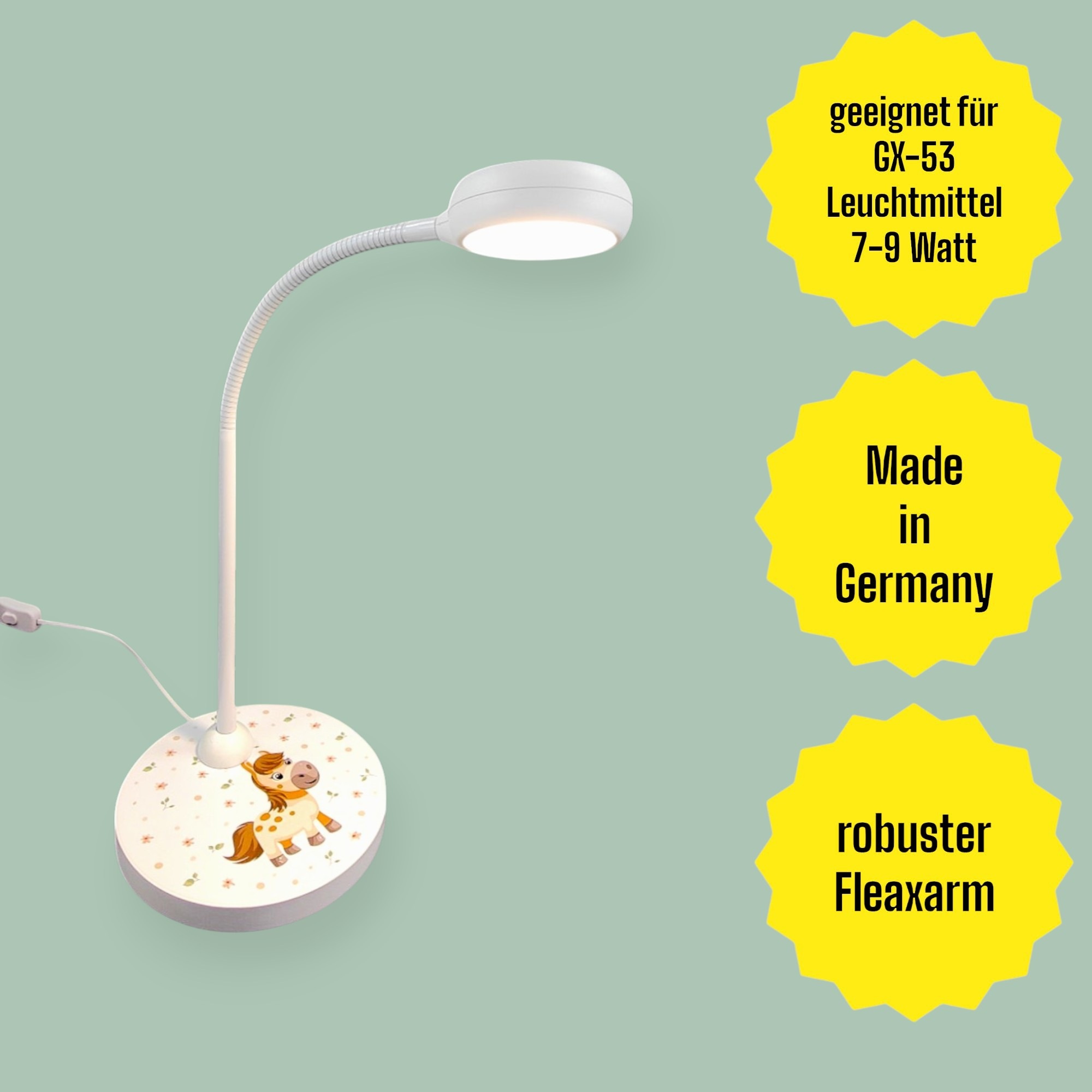 niermann Schreibtischlampe »Kinderlampe mit Motiv "Pony Paula", Kinderzimmer« GX53 1 Stk. flexibel verstellbarer Leuchtenarm, Made in Germany