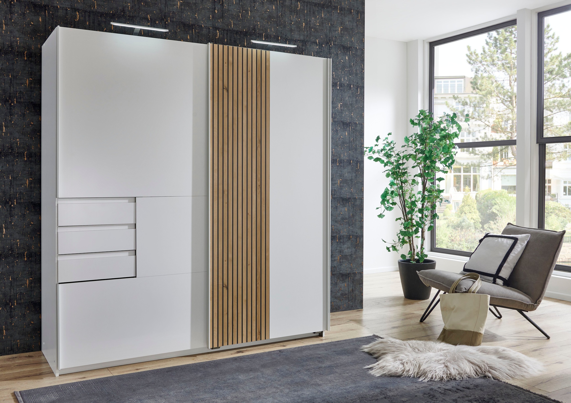 Wimex Schwebetürenschrank "Coburg, Kleiderschrank Made in Germany" mit Akustikpaneel Optik oder Holzoptik eichefarben, 180cm breit