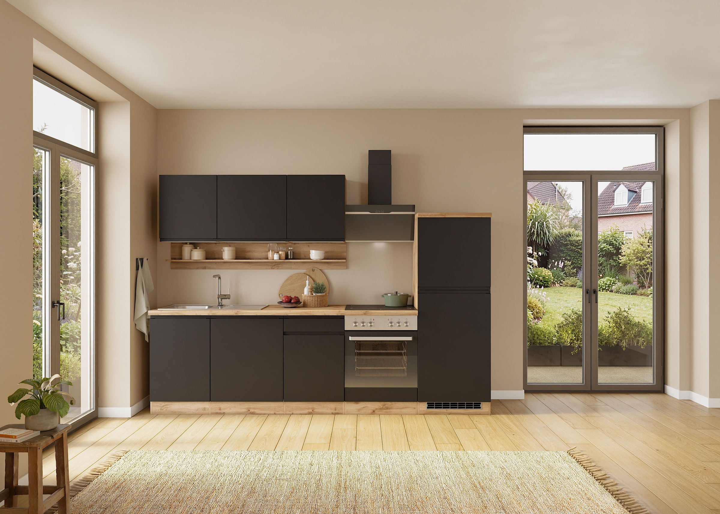 KOCHSTATION Küchenzeile "KS-Virginia,neu in verbesserter Ausführung" Arbeitsplatte 38 mm stark, Stauraum, Softclose, Breite 280 cm, Soft-Close, wahlweise mit E-Geräten