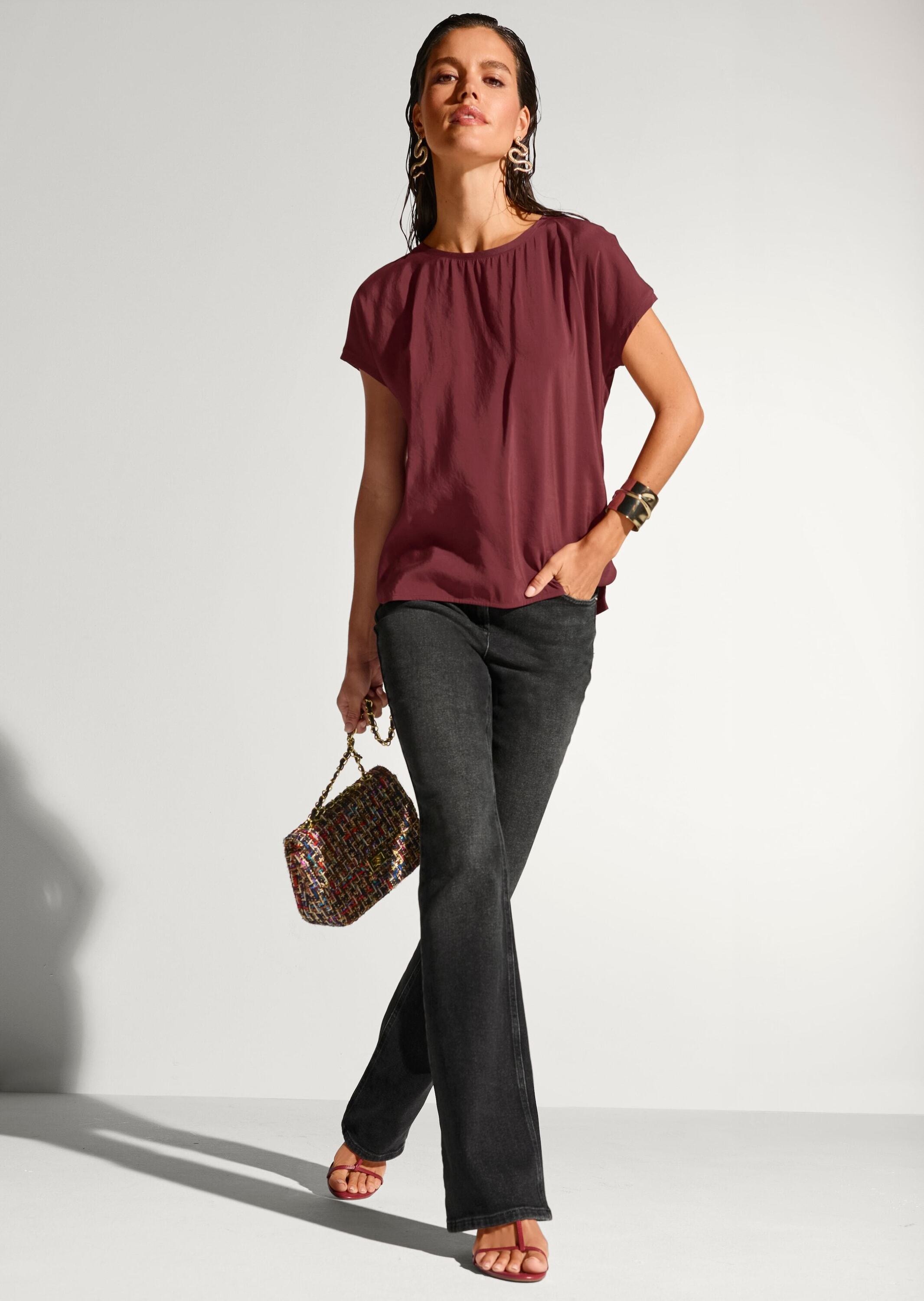 MADELEINE Kurzarmshirt »Blusenshirt Fließendes Viskose-Shirt mit Jersey-Rücken« Gerundeter Saum