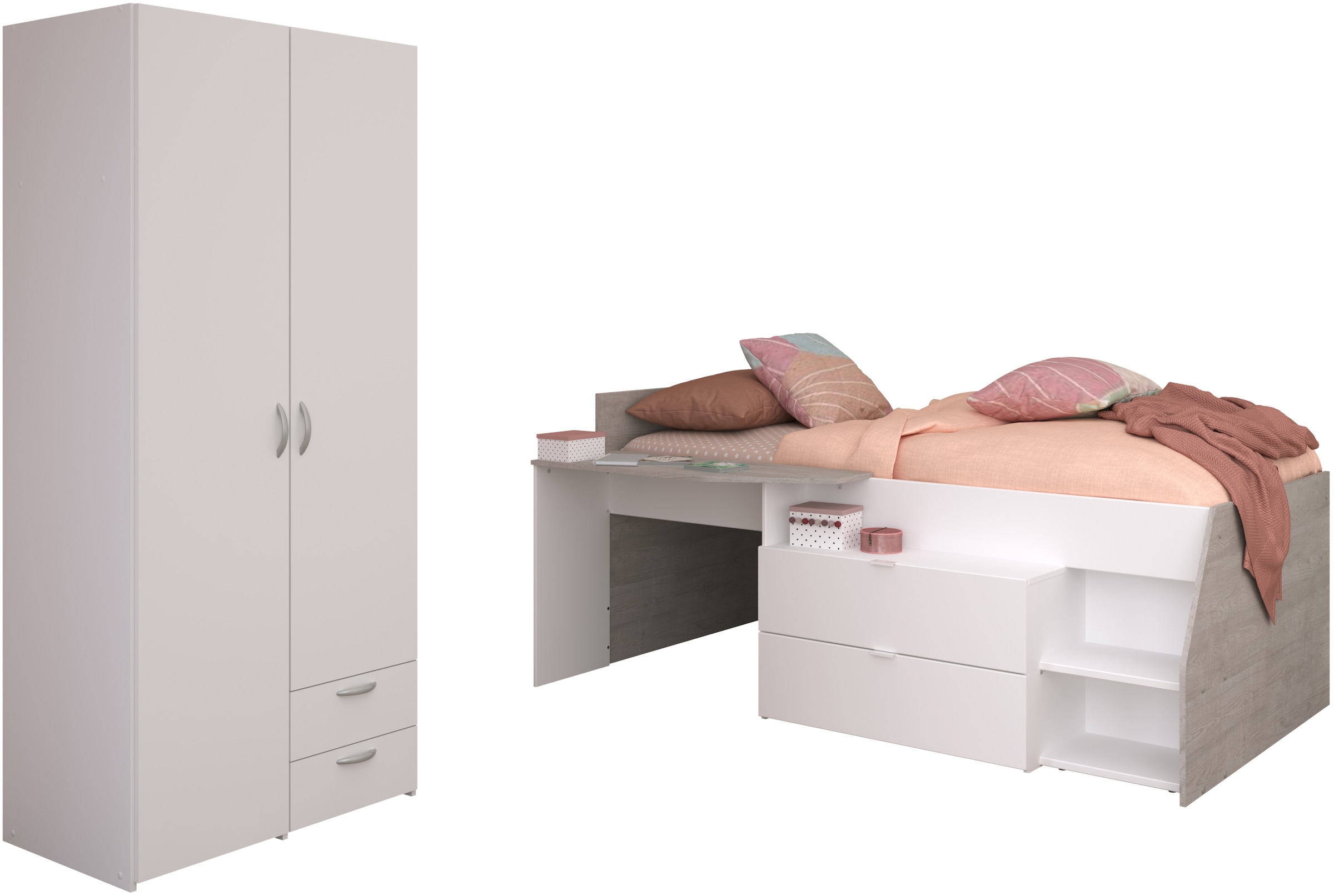 Parisot Jugendzimmer-Set »Parisot Milky 14«, (2 tlg., Bestehend aus halbhohem Hochbett und 2-trg. Kleiderschrank)