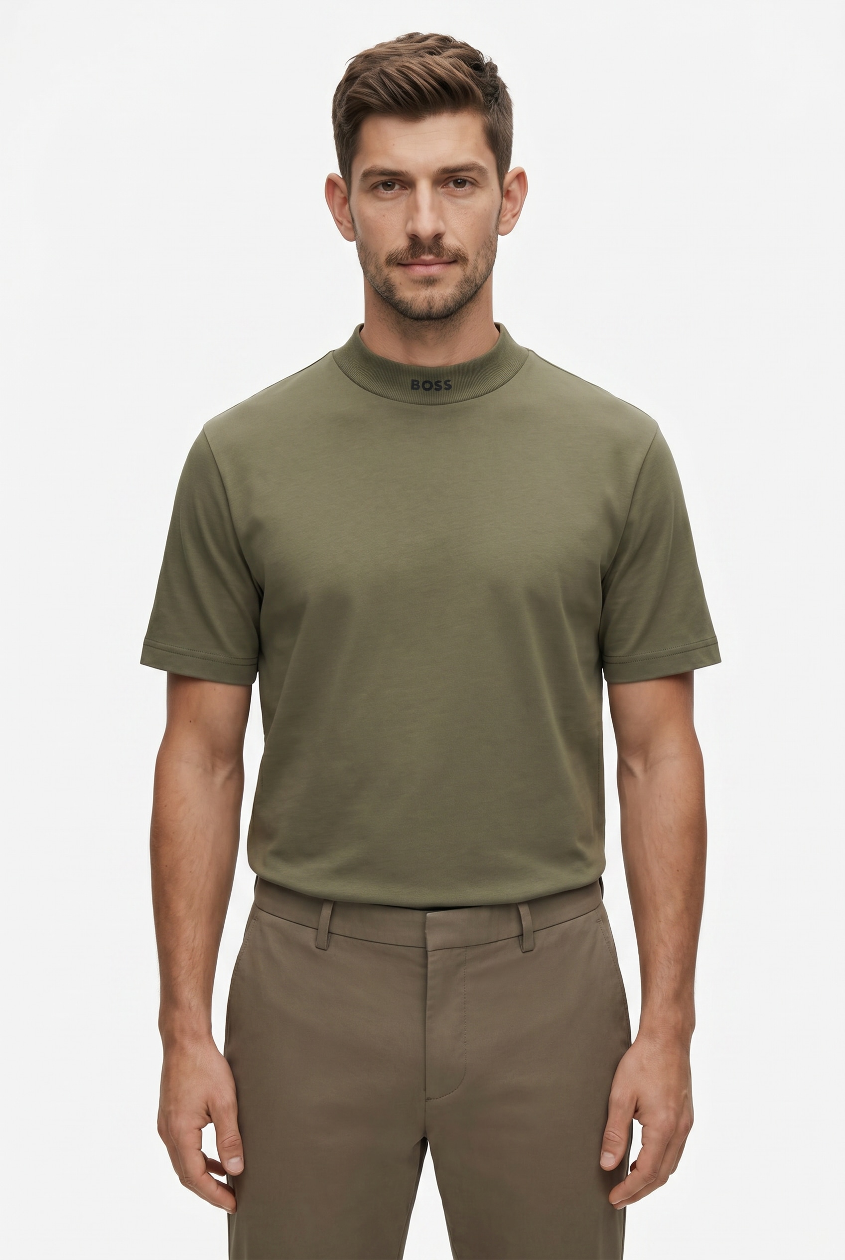 BOSS GREEN "Tee Collar Relaxed Fit" Stretch Jersey Baumwolle, Logo Centered, Rundhals