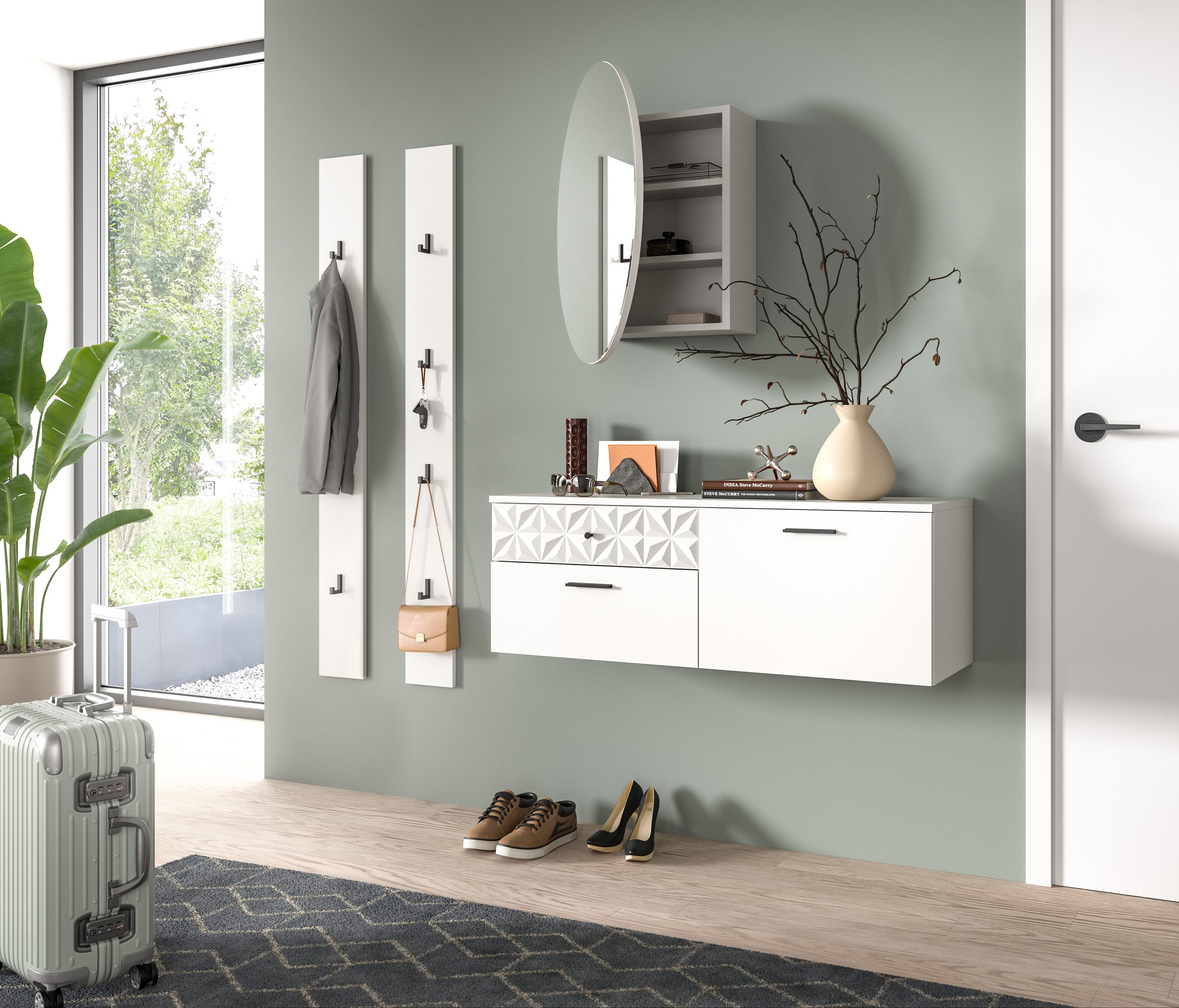 INOSIGN Garderoben-Set »VICENZA, 3-tlg., mit foraler Ornamentabsetzung in der Front«, (3 St.), best. aus.: Schuhschrank, Spiegelschrank und Hakenpaneel