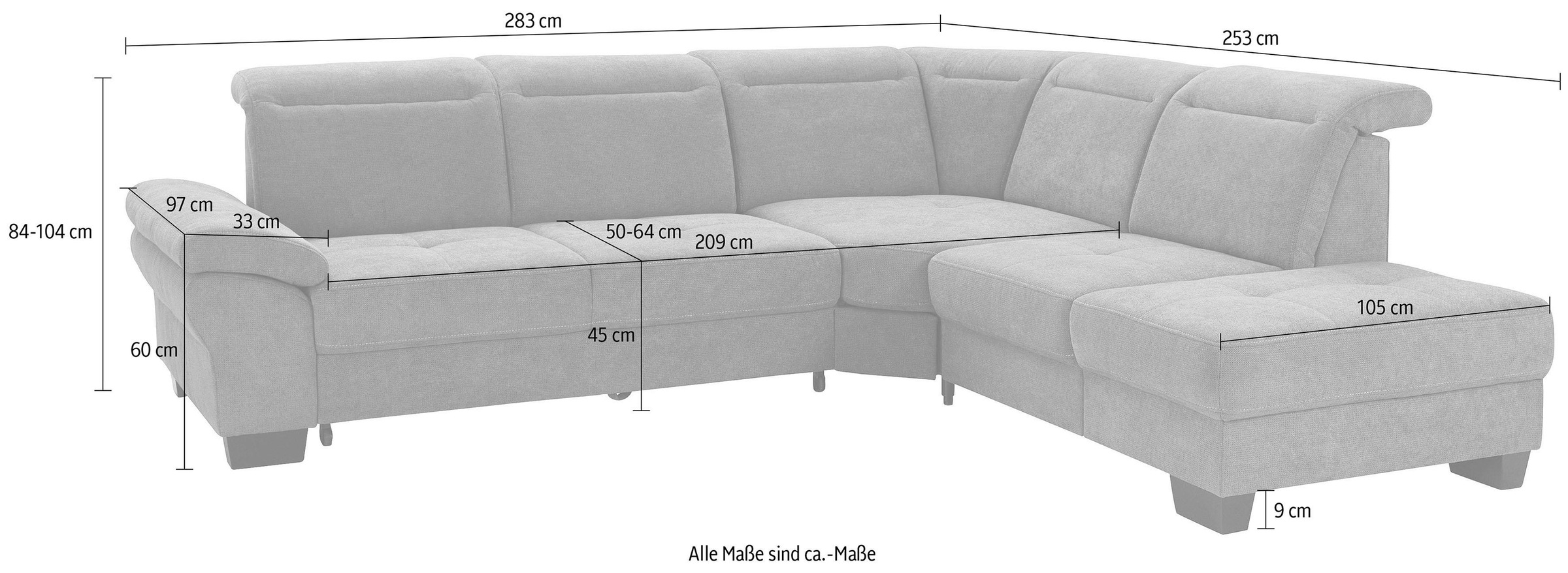 Places of Style Ecksofa »Cornwall L-Form«, incl. Sitztiefenverstellung, mit Bettfunktion und Kopfteilverstellung