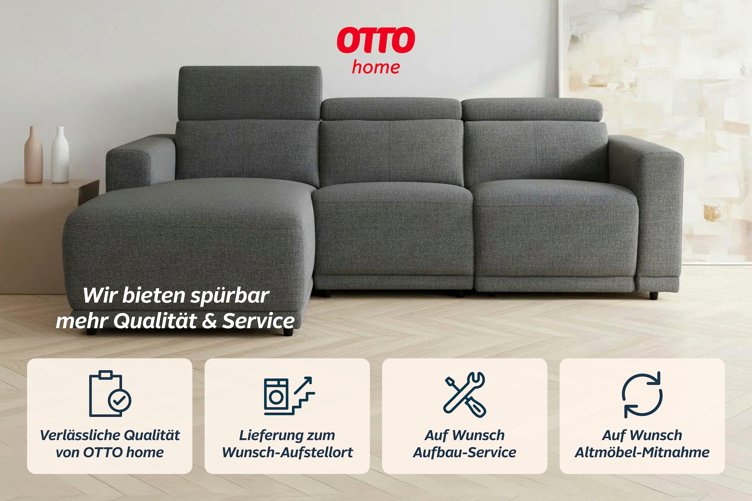 OTTO home Ecksofa »LEOO« mit USB A/C-Anschluss. Federkern, verstellbaren Kopfstützen, Webstoff