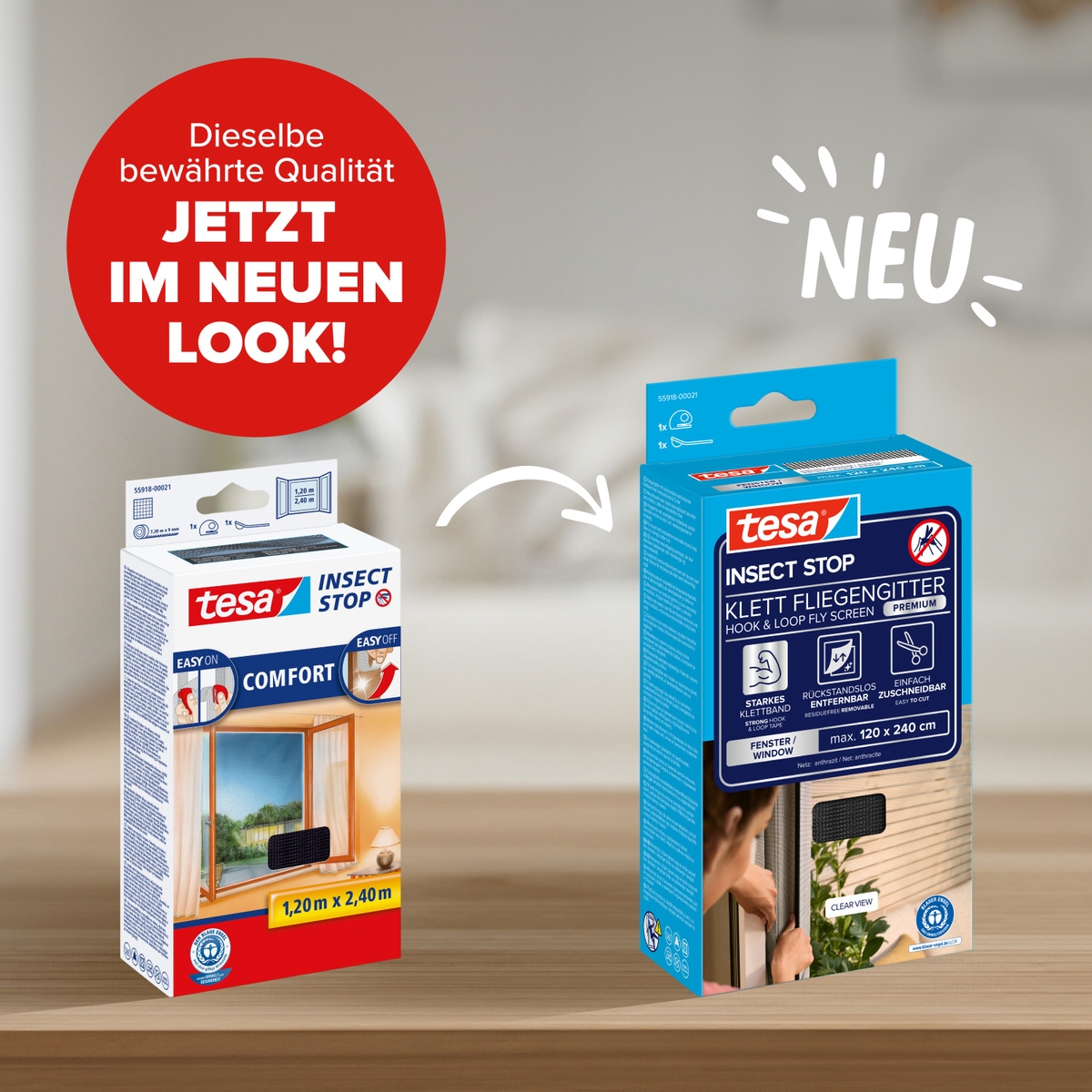 tesa Fliegengitter-Gewebe »Premium für Fenster, Insektenschutz mit Klettband - 120 x 240 cm« Packung, Fliegennetz, Klettband, Andrück und Schneidehilfe, 1 Stk. tlg. Mückenschutz mit starkem Klettband, rückstandsfrei entfernbar
