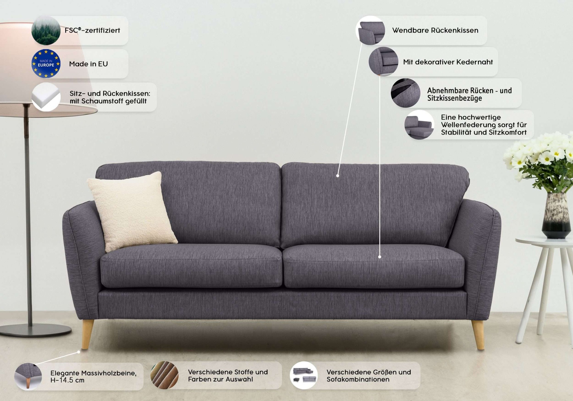 Thumbnail - Home affaire 3-Sitzer "MARSEILLE 3er Sofa 206 cm, Cord, Flachgewebe, Struktur, Webstoff", Massivholzbeine Eiche, Landhau...