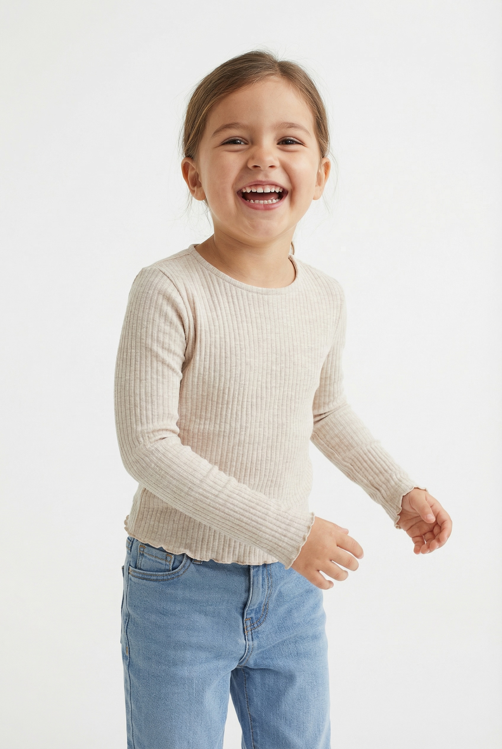 Langarmshirt KIDS ONLY "KOGNELLA L/S O-NECK TOP JRS NOOS", Mädchen, Gr. 122/128, beige (pumice stone detail:melange), Jersey, Obermaterial: 65% Polyester, 30% Viskose, 5% Elasthan, meliert, regular fit kurz, Rundhals, gewellter Abschluss, Shirts Langarmsh 2
