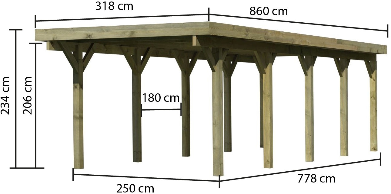 Karibu Einzelcarport »»Classic 3 SET« Stahl-Dach Variante A, kesseldruckimprägniert«, Masivholz, 250 cm, KDI, aus Masivholz