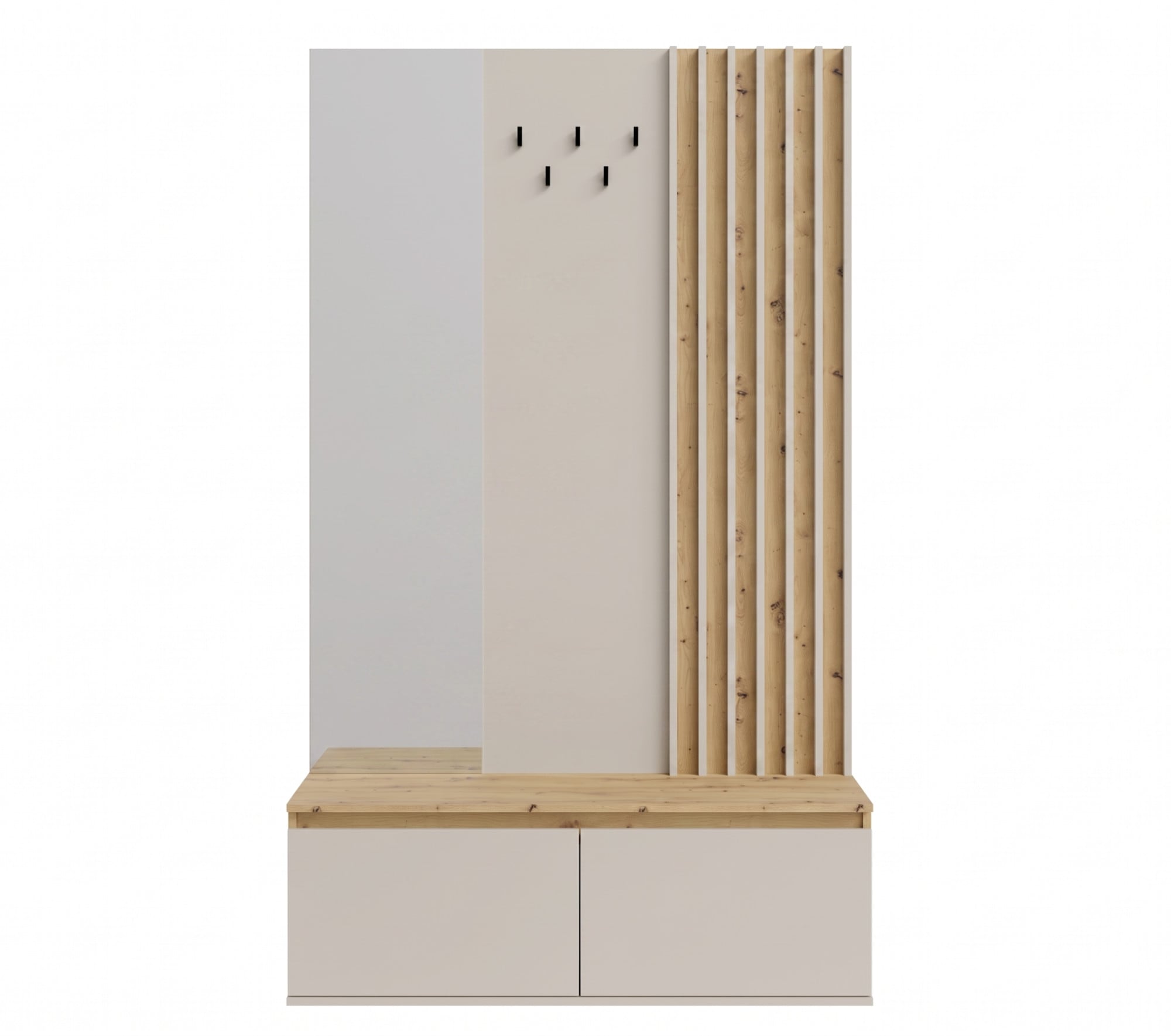Home affaire Garderobenpaneel »LANDUVA Garderobe mit Schuhschrank, Spiegel und Haken, Breite 120 cm« Garderoben-Set, Kompaktgarderobe, mit Sitzbank, Lamellen Design