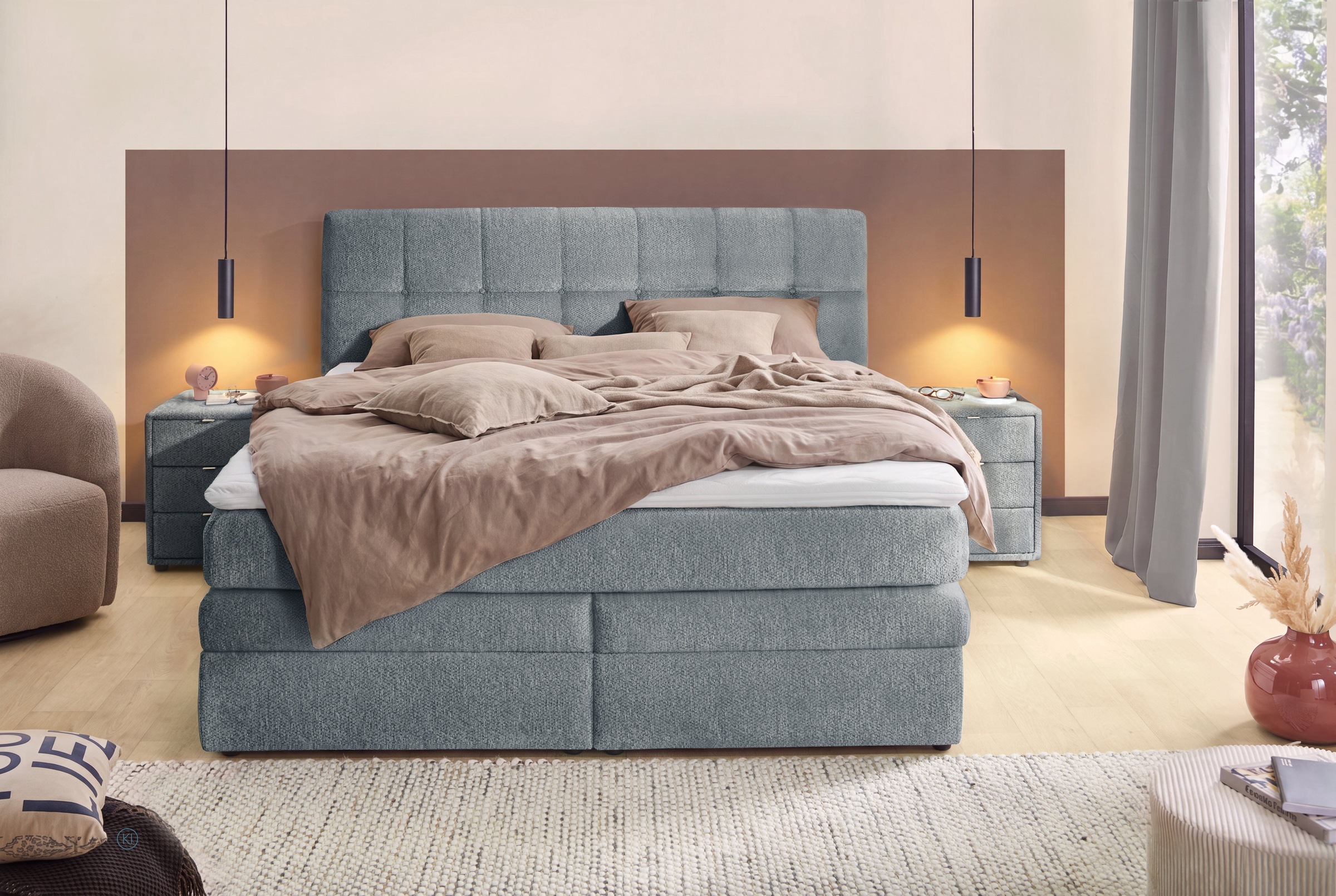 Jockenhöfer Gruppe Boxspringbett "AMY mit Bettkasten, inkl. Taschenfederkernmatratze Härtegrad H3-H4" mit 6 cm Kaltschaum-Topper, Chenille-Bezug, 180x200 und 200x200 cm
