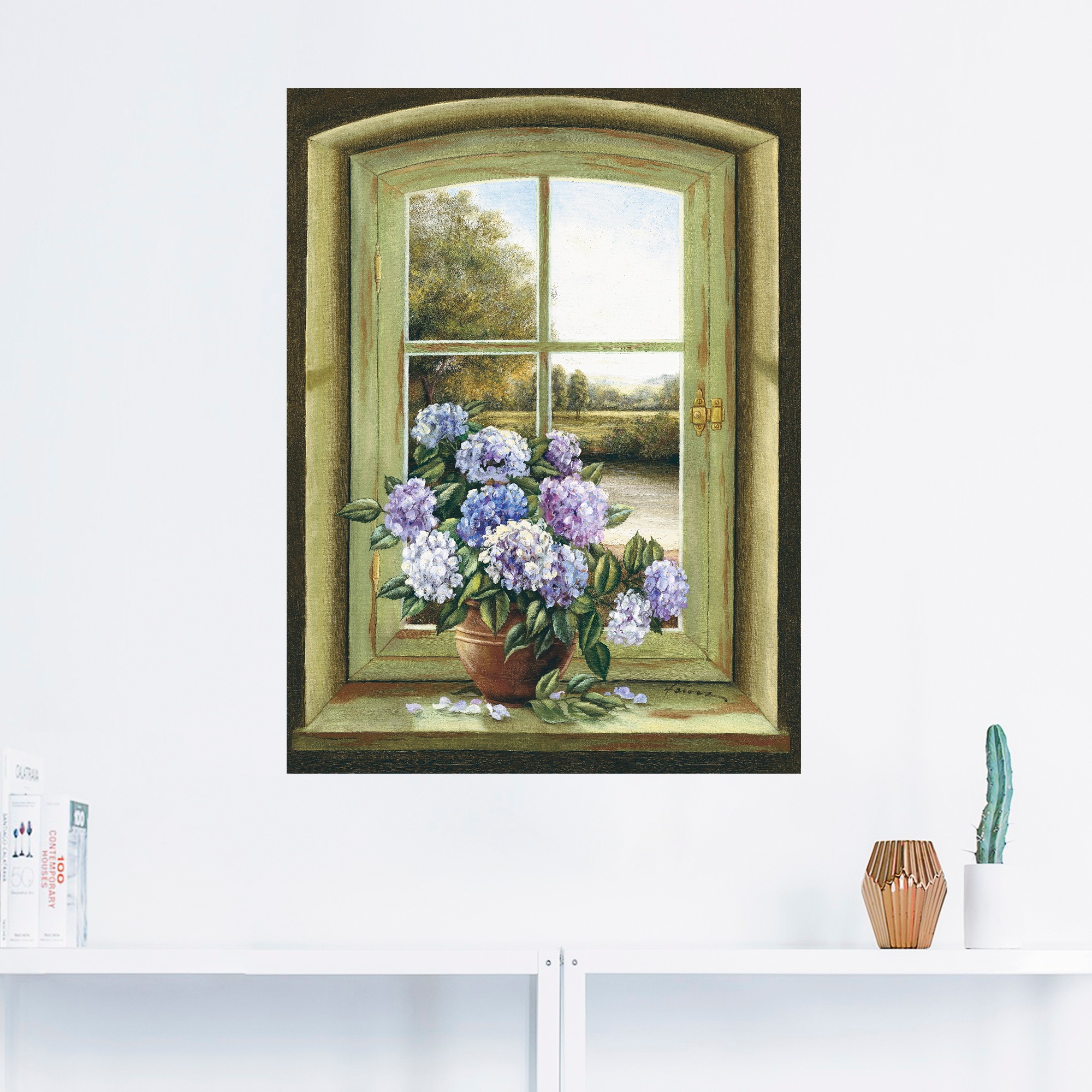 Artland Wandbild »Hortensien am Fenster«, Arrangements, (1 St.), als Alubild, Outdoorbild, Leinwandbild, Poster, Wandaufkleber